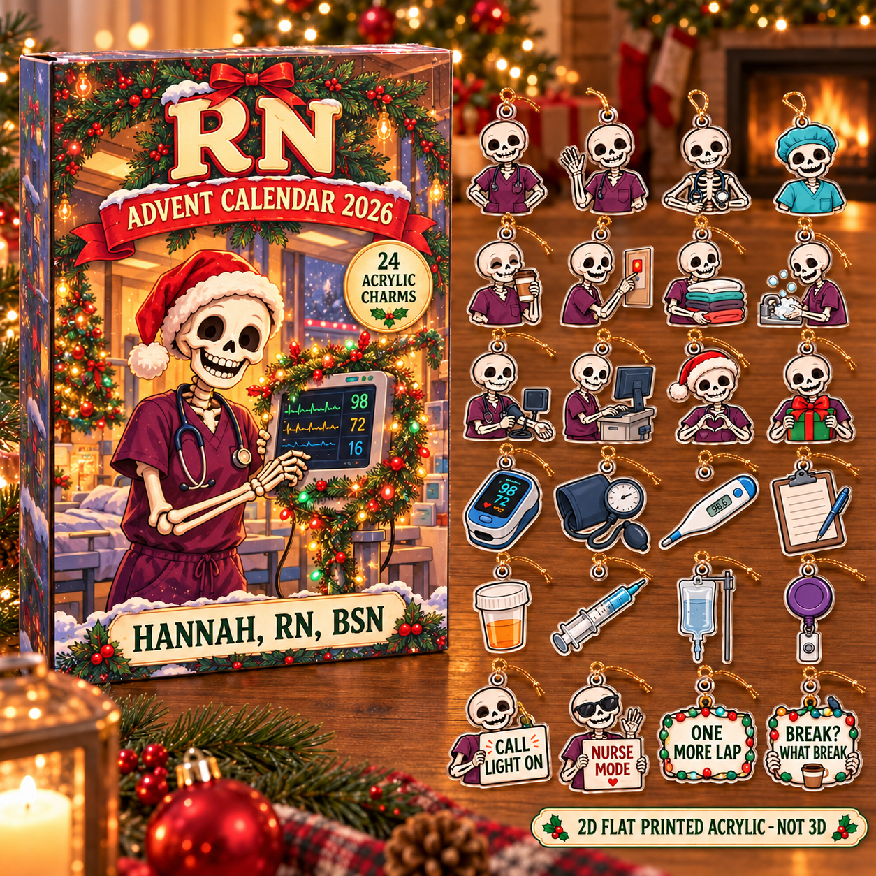 Personalized Skeleton RN advent calendar box with 24 flat acrylic Christmas charms