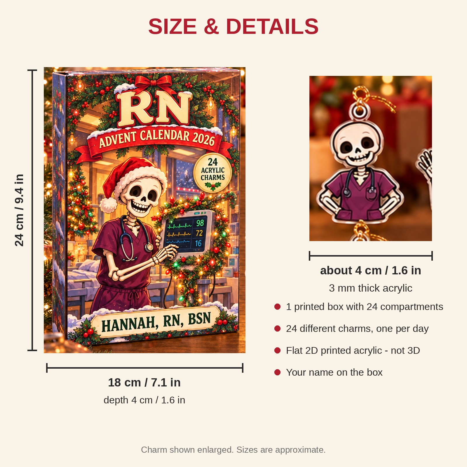 Personalized Skeleton RN advent calendar box with 24 flat acrylic Christmas charms: box and charm sizes