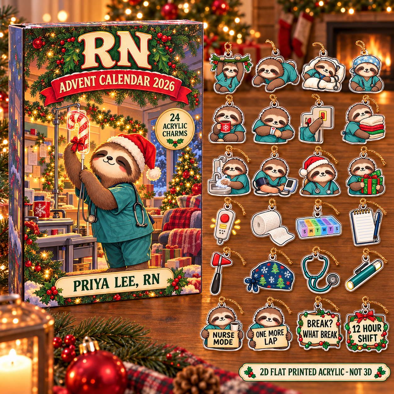 Personalized RN Sloth advent calendar box with 24 flat acrylic Christmas charms