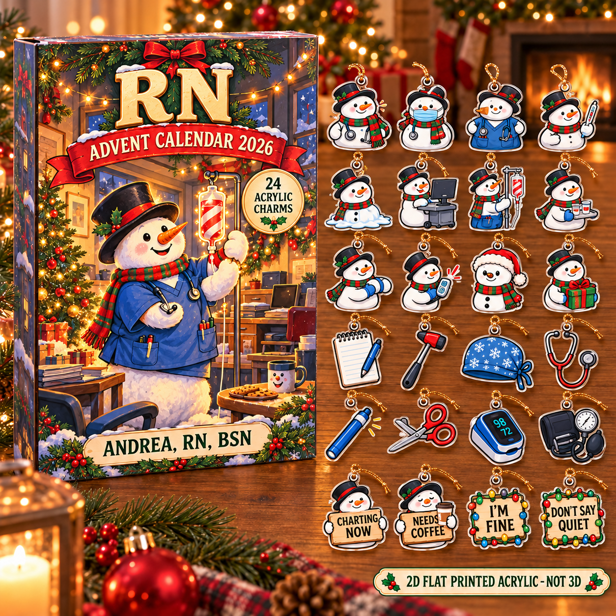 Personalized Snowman RN advent calendar box with 24 flat acrylic Christmas charms