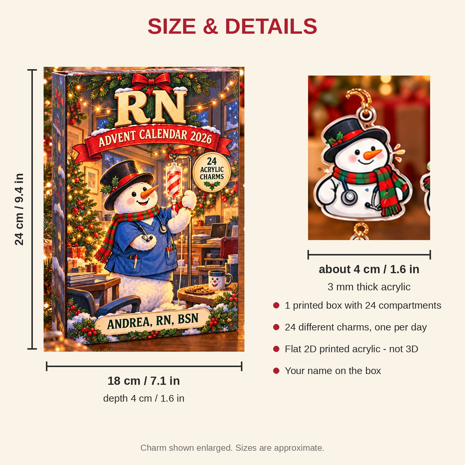 Personalized Snowman RN advent calendar box with 24 flat acrylic Christmas charms: box and charm sizes