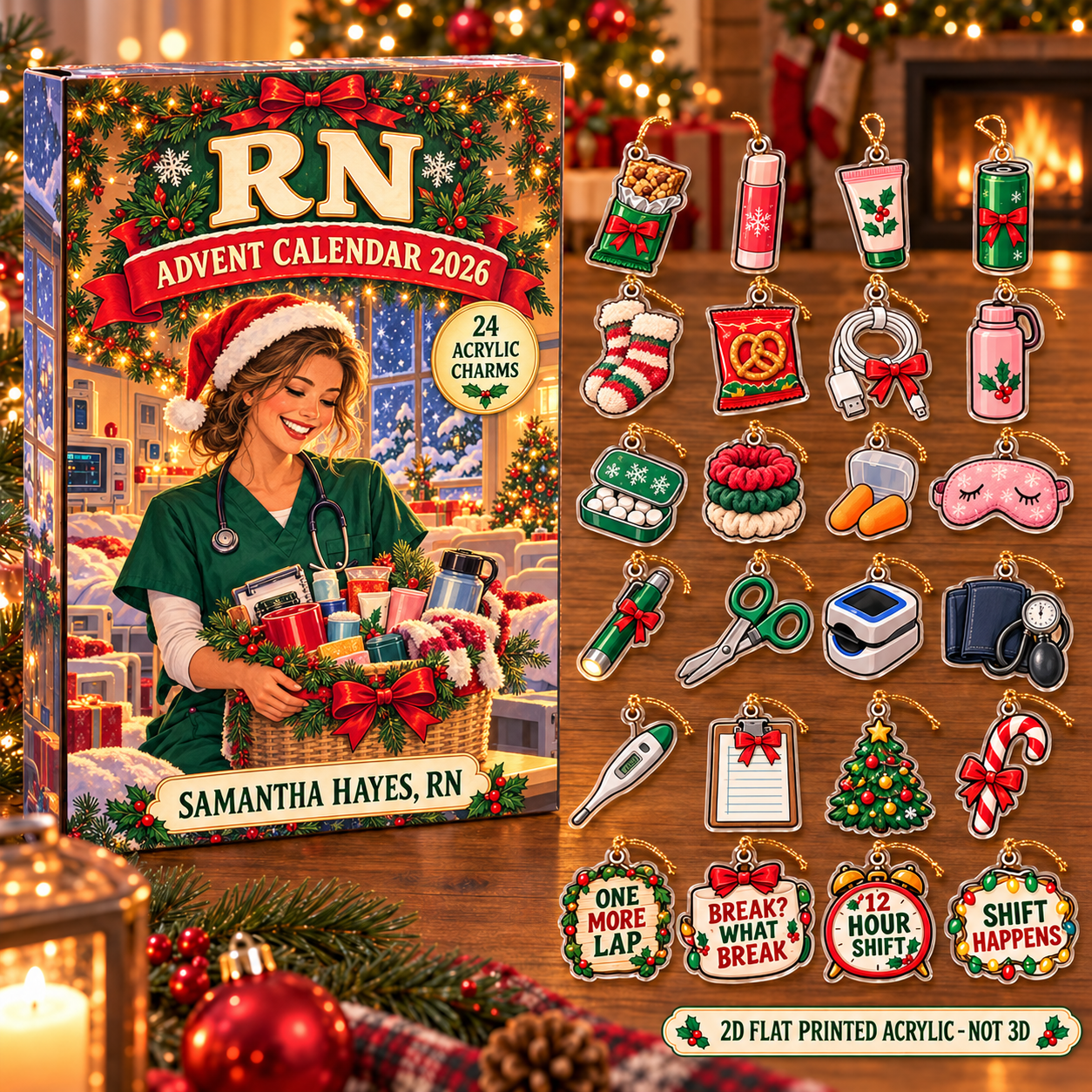 Personalized RN Survival Kit advent calendar box with 24 flat acrylic Christmas charms