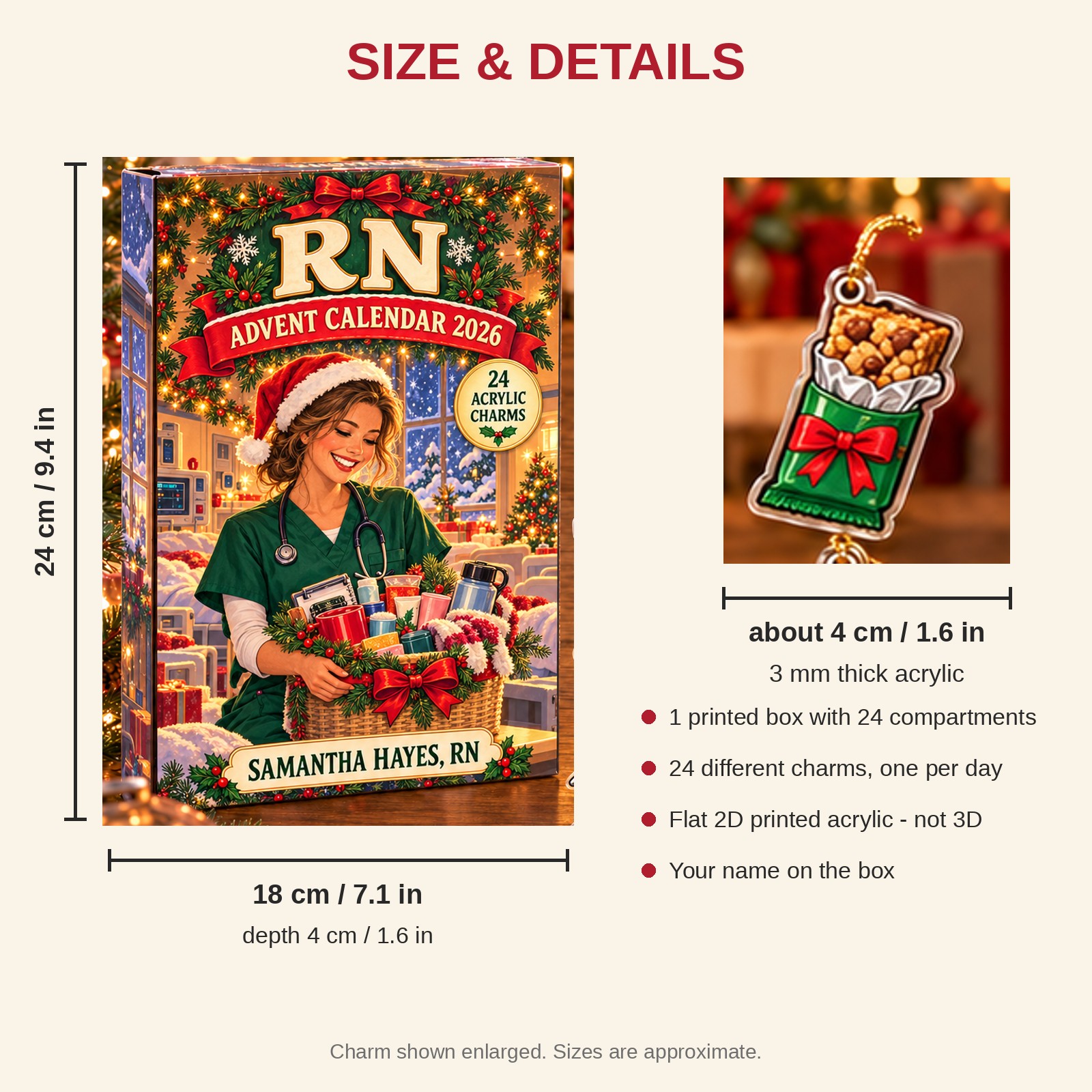 Personalized RN Survival Kit advent calendar box with 24 flat acrylic Christmas charms: box and charm sizes