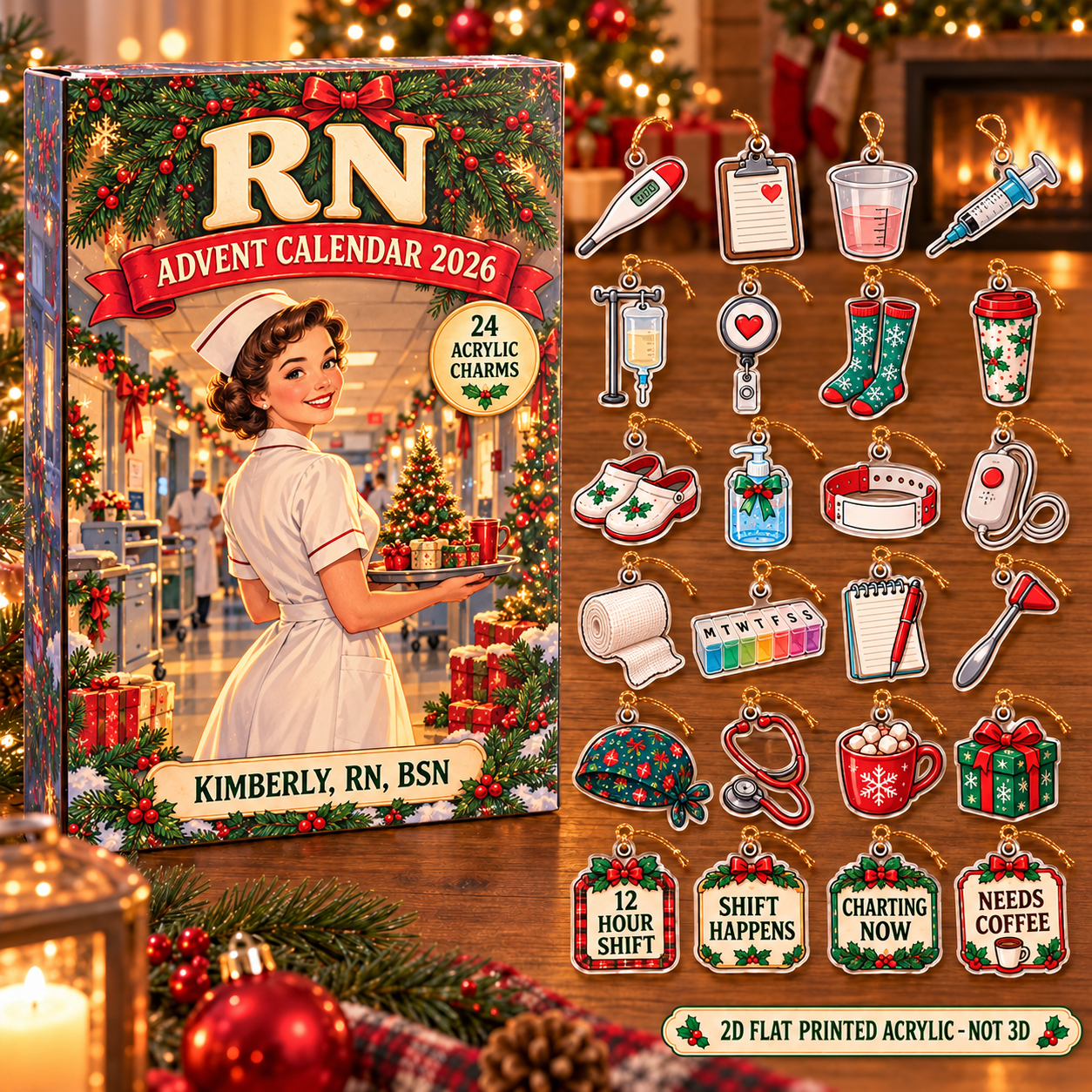 Personalized Vintage RN advent calendar box with 24 flat acrylic Christmas charms