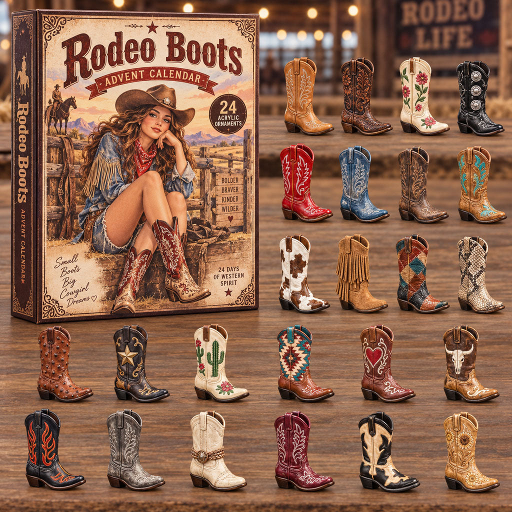 Rodeo Cowboy Boots advent calendar box with 24 acrylic Christmas charms