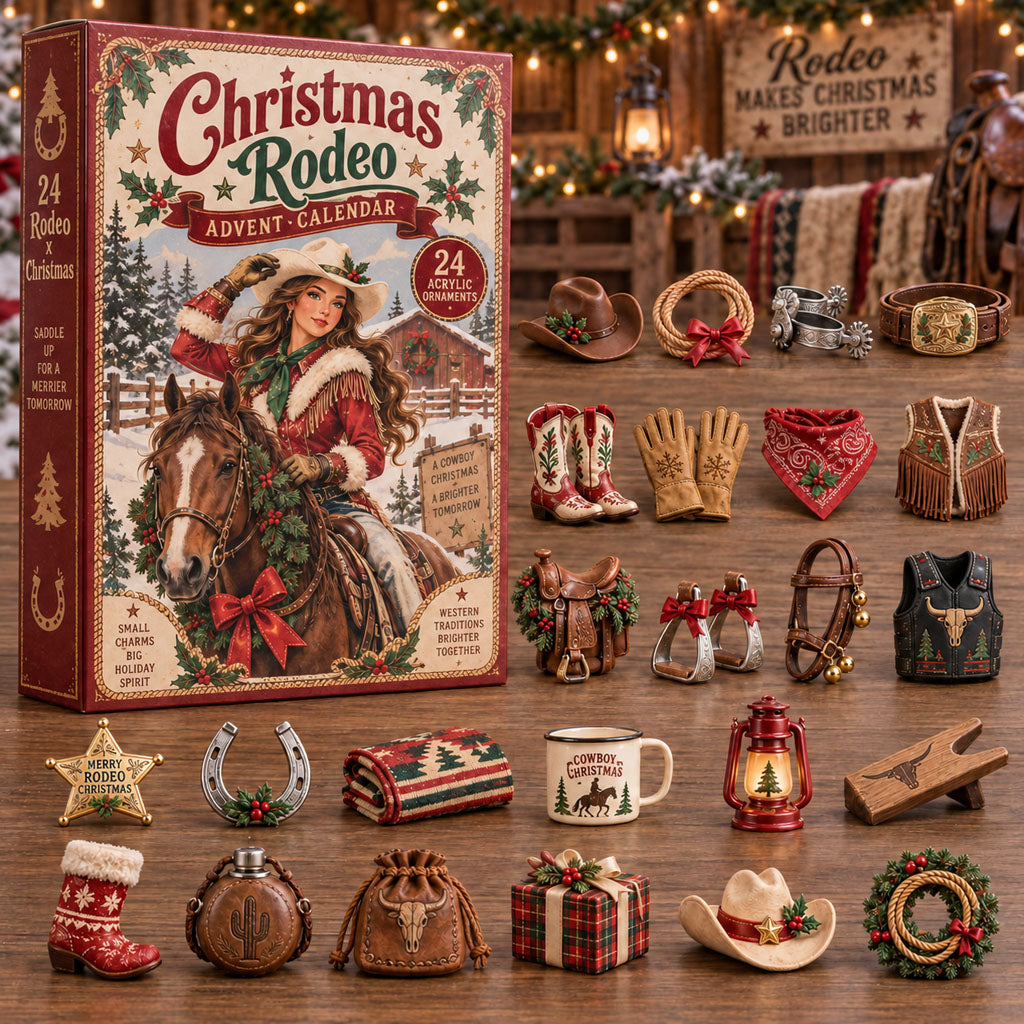 Rodeo Western advent calendar box with 24 acrylic Christmas charms