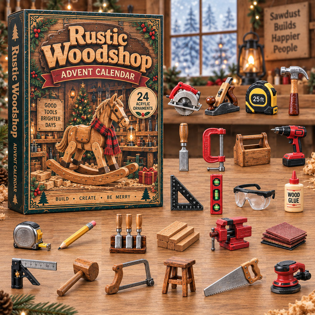 Rustic Woodshop advent calendar box with 24 acrylic Christmas charms