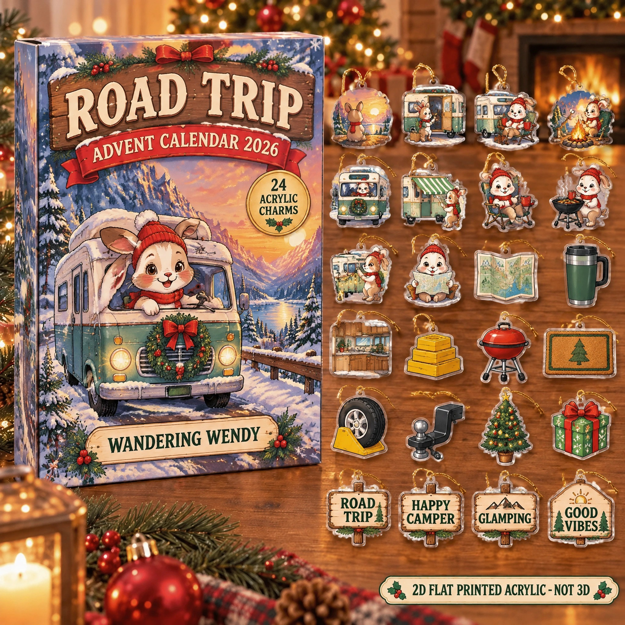 Personalized RV Life Bunny advent calendar box with 24 flat acrylic Christmas charms