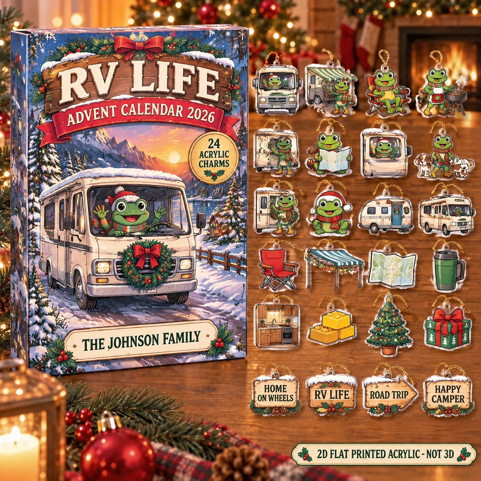 Personalized RV Life Frog advent calendar box with 24 flat acrylic Christmas charms