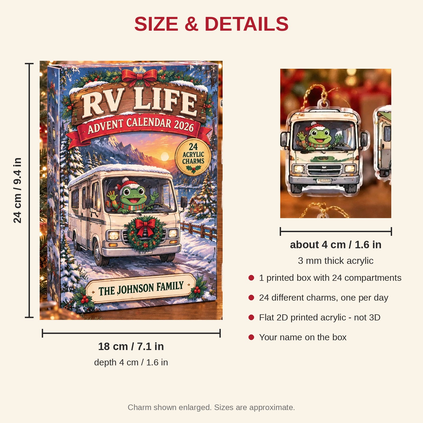 Personalized RV Life Frog advent calendar box with 24 flat acrylic Christmas charms: box and charm sizes
