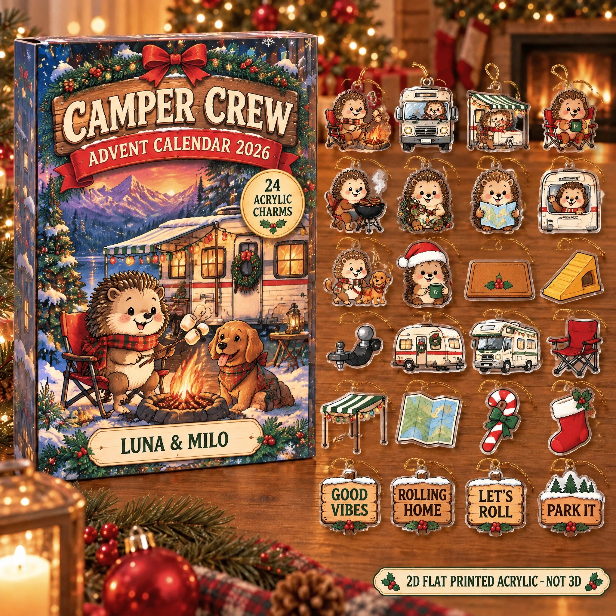 Personalized RV Life Hedgehog advent calendar box with 24 flat acrylic Christmas charms