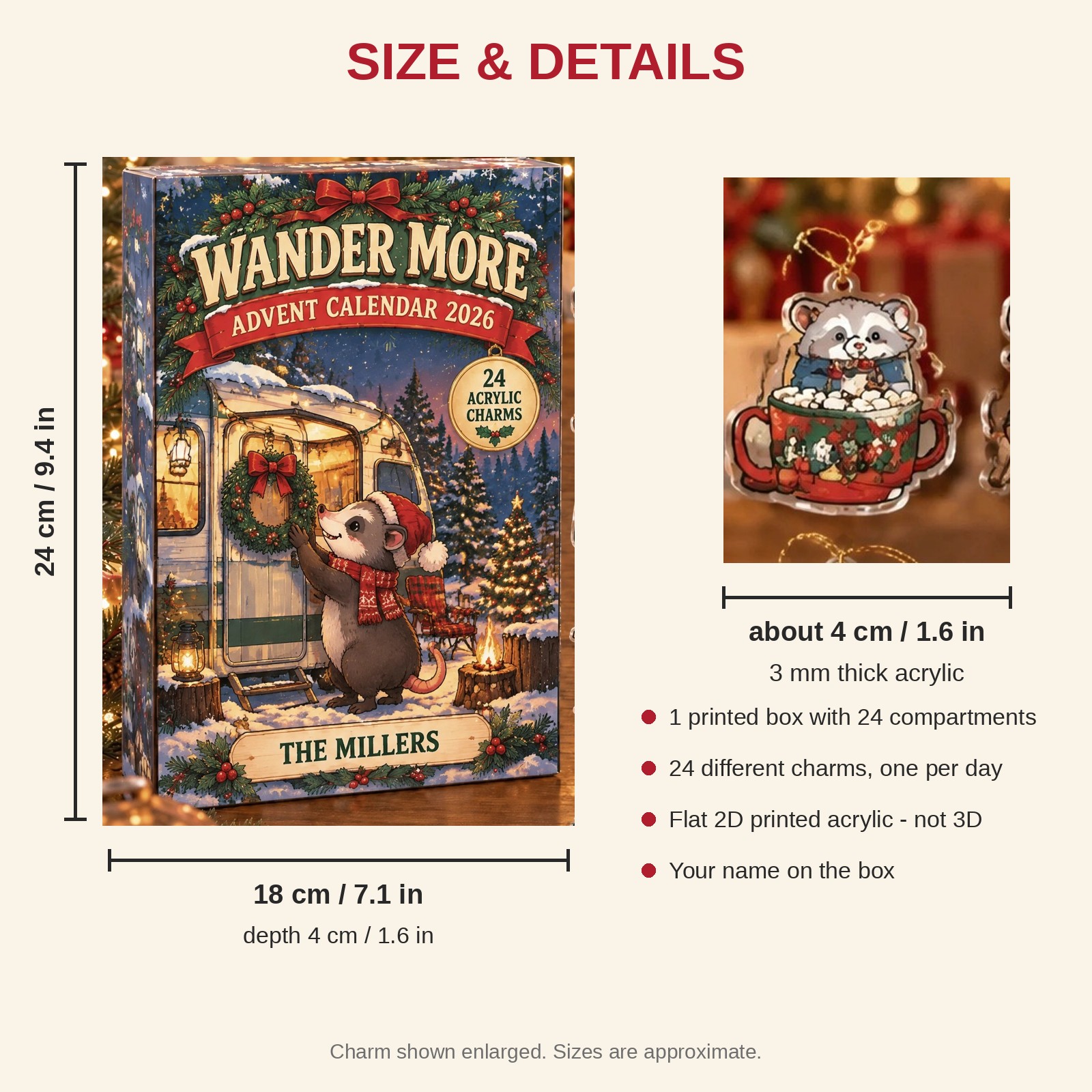 Personalized RV Life Opossum advent calendar box with 24 flat acrylic Christmas charms: box and charm sizes