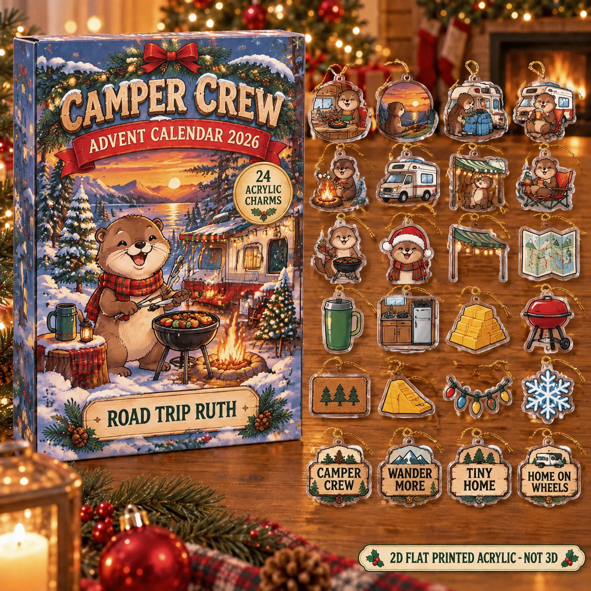 Personalized RV Life Otter advent calendar box with 24 flat acrylic Christmas charms