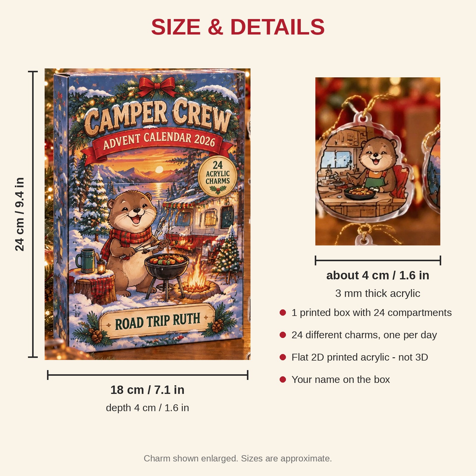 Personalized RV Life Otter advent calendar box with 24 flat acrylic Christmas charms: box and charm sizes