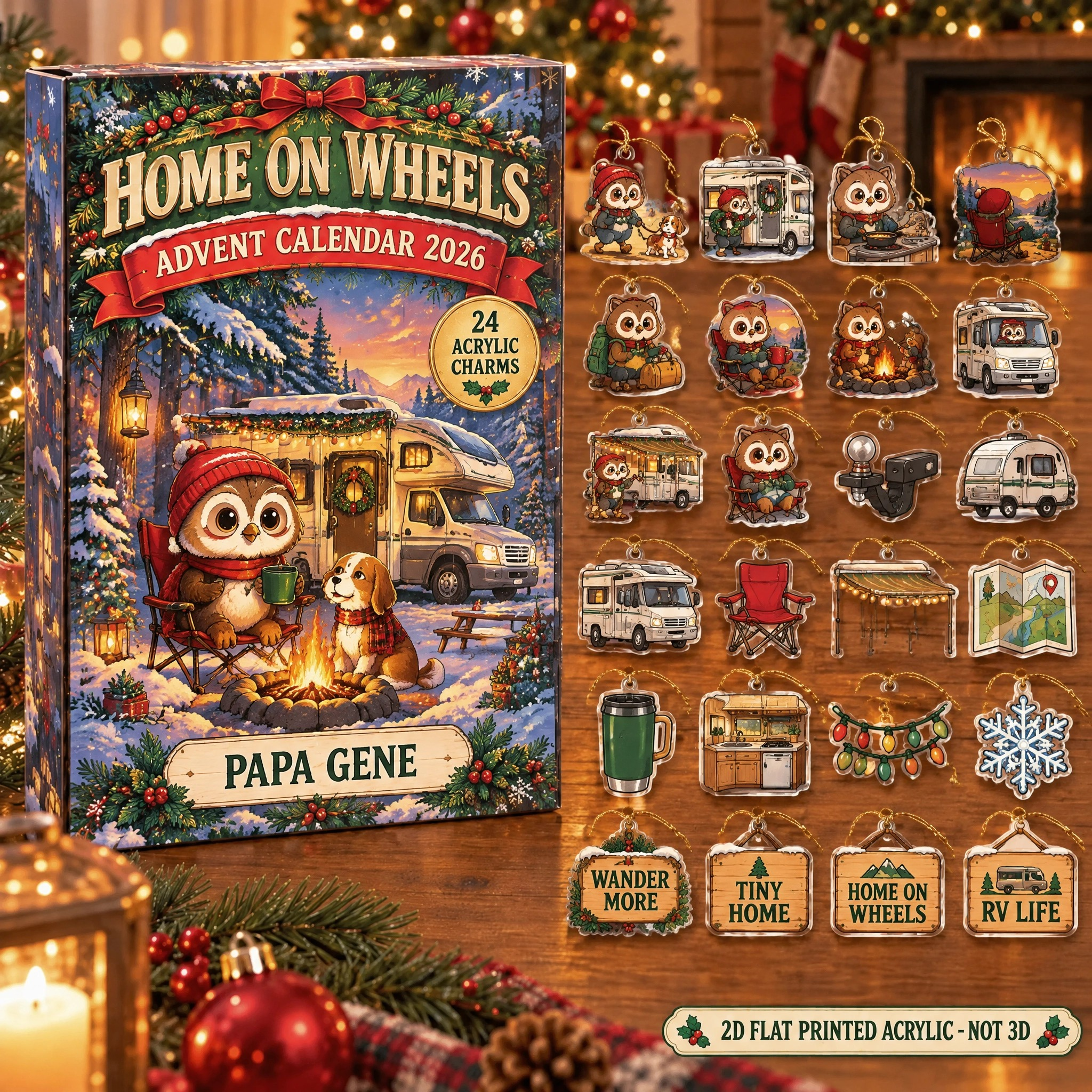 Personalized RV Life Owl advent calendar box with 24 flat acrylic Christmas charms