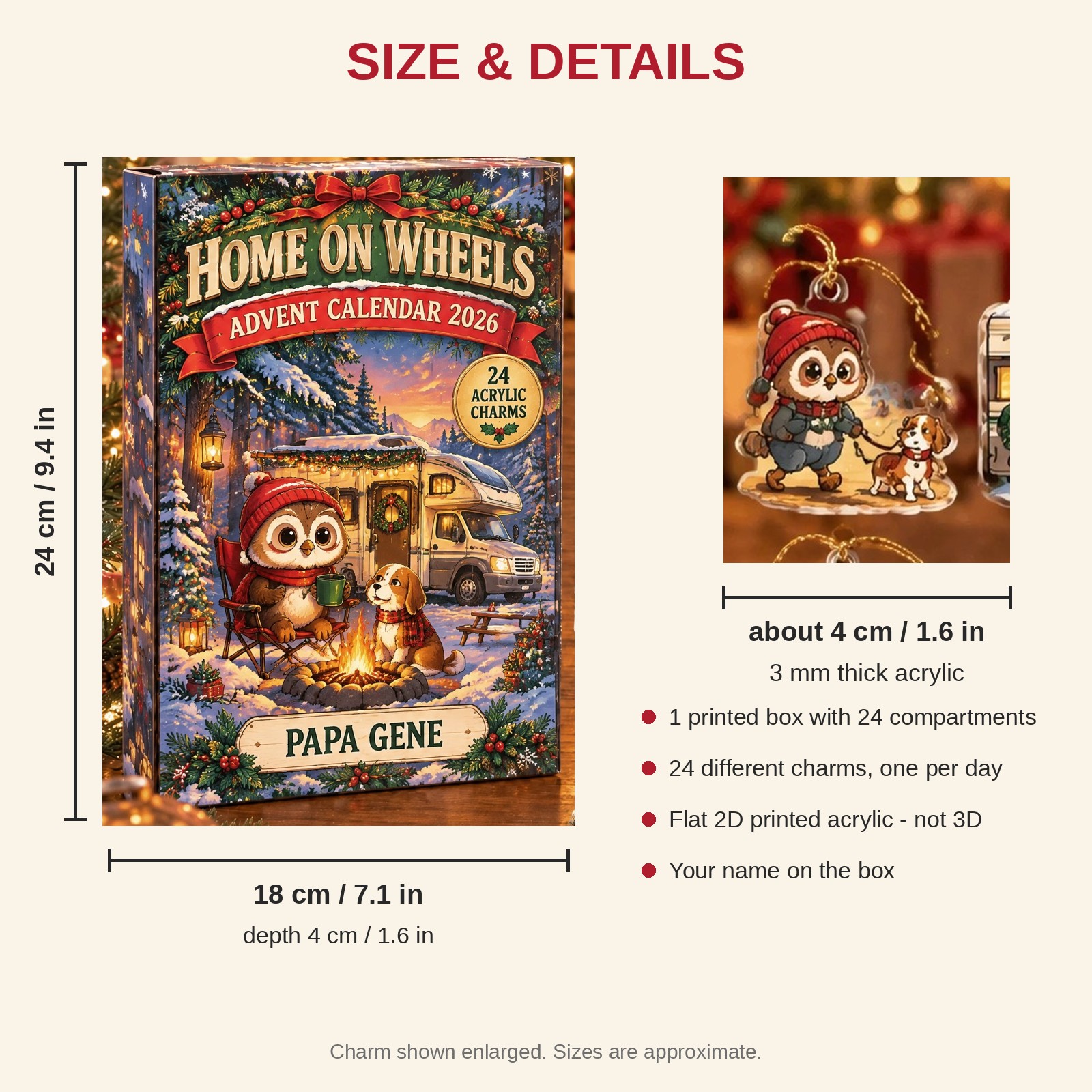 Personalized RV Life Owl advent calendar box with 24 flat acrylic Christmas charms: box and charm sizes