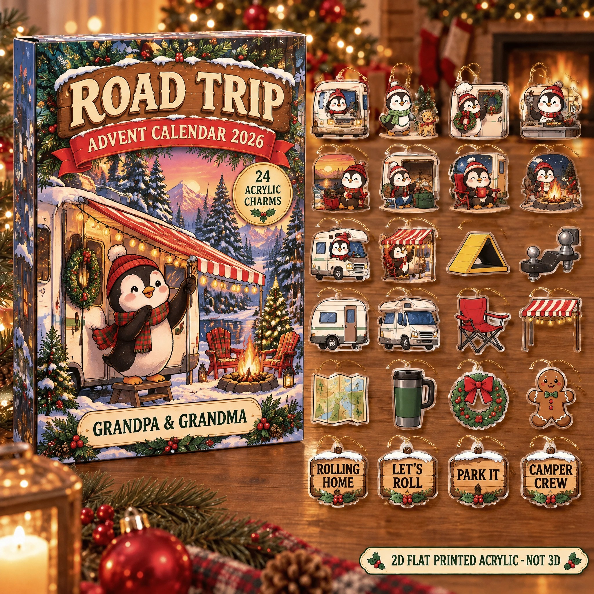 Personalized RV Life Penguin advent calendar box with 24 flat acrylic Christmas charms