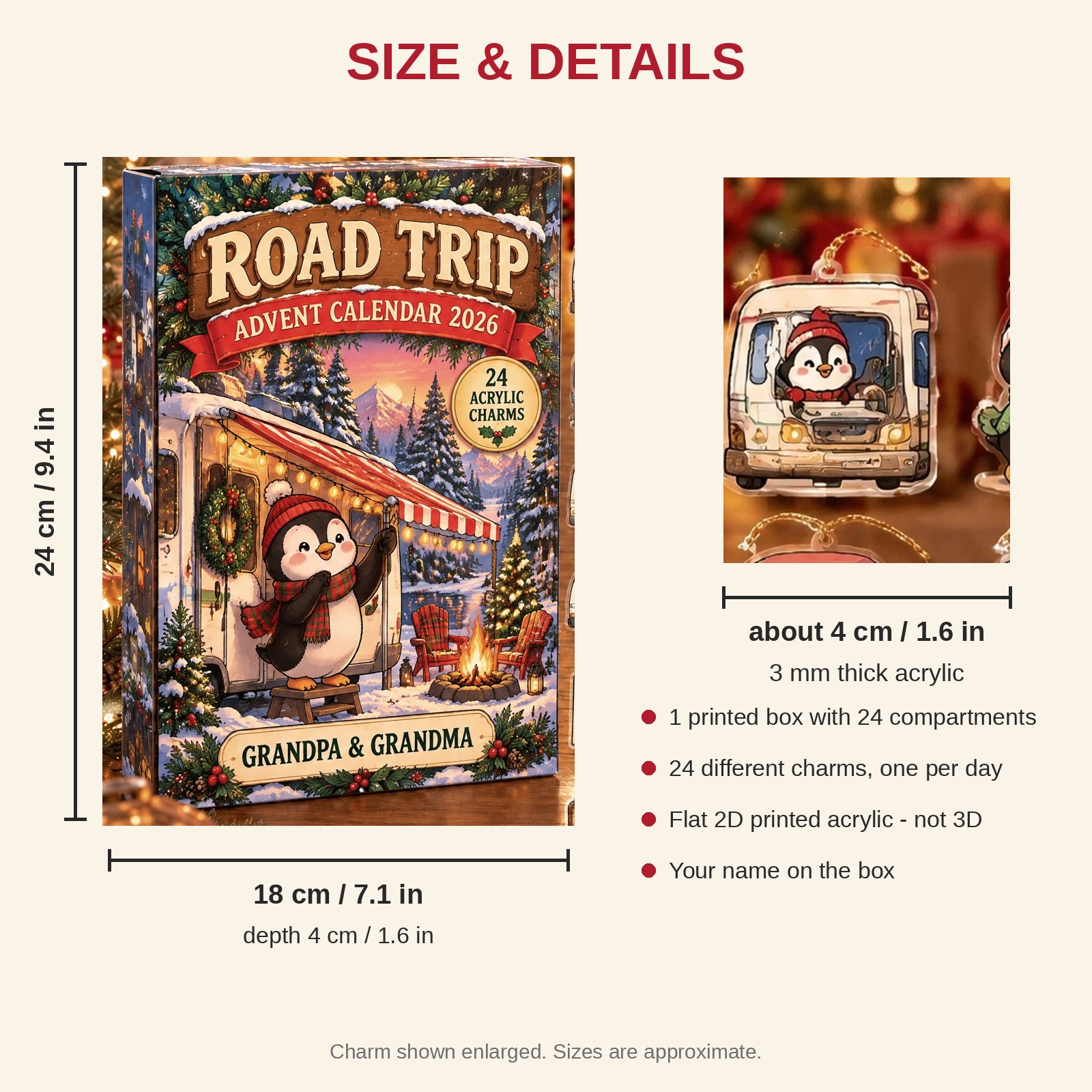 Personalized RV Life Penguin advent calendar box with 24 flat acrylic Christmas charms: box and charm sizes