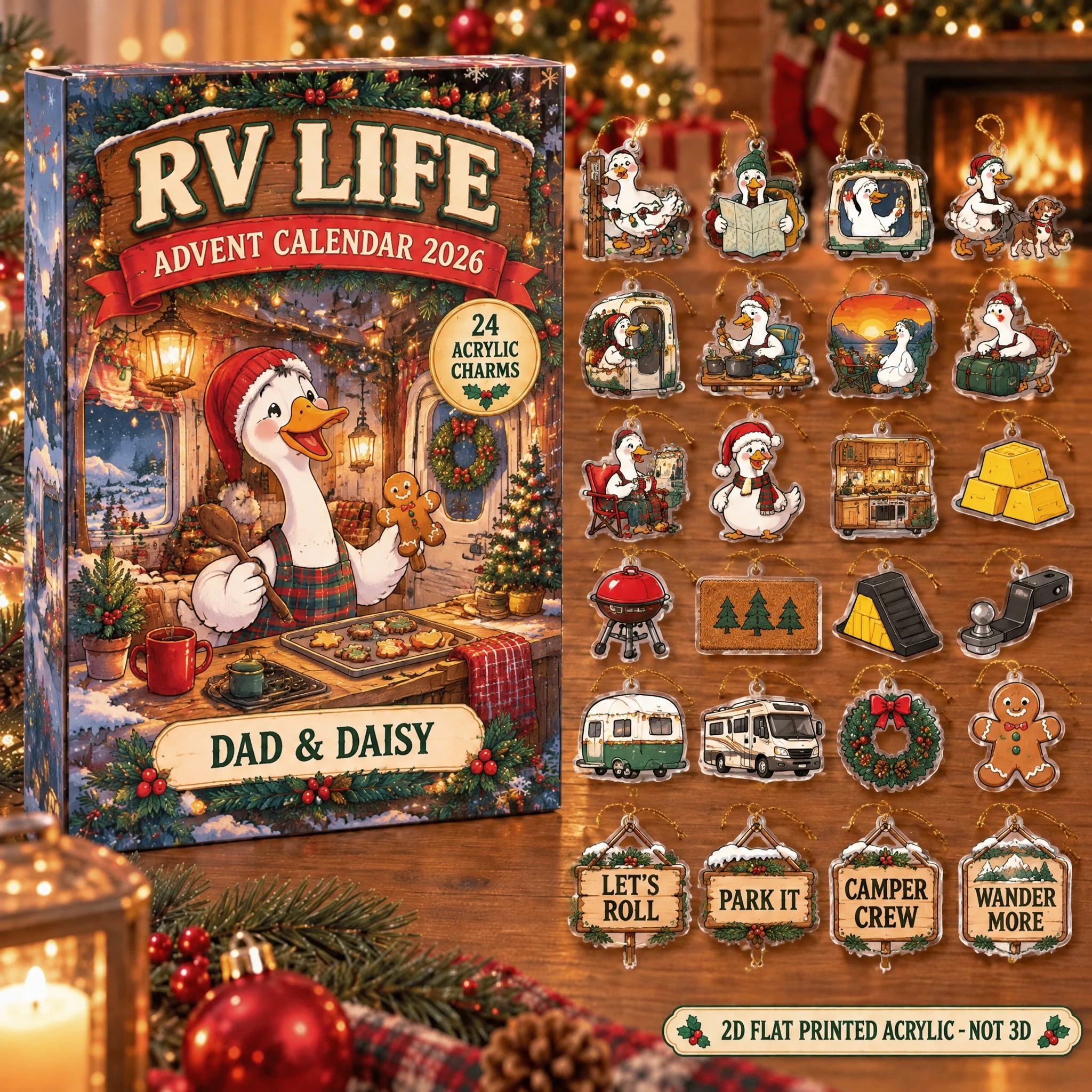 Personalized RV Life Silly Goose advent calendar box with 24 flat acrylic Christmas charms