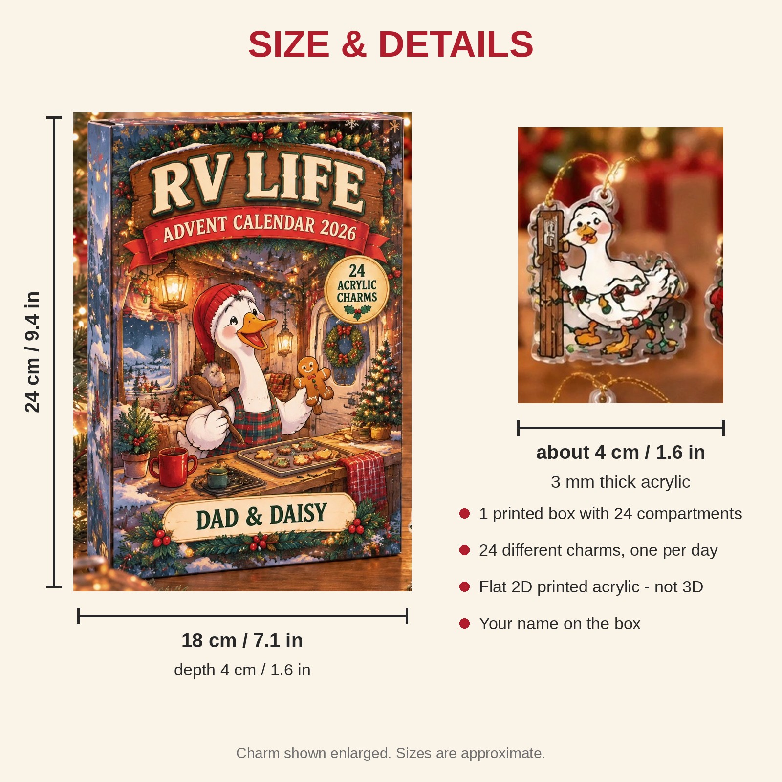 Personalized RV Life Silly Goose advent calendar box with 24 flat acrylic Christmas charms: box and charm sizes