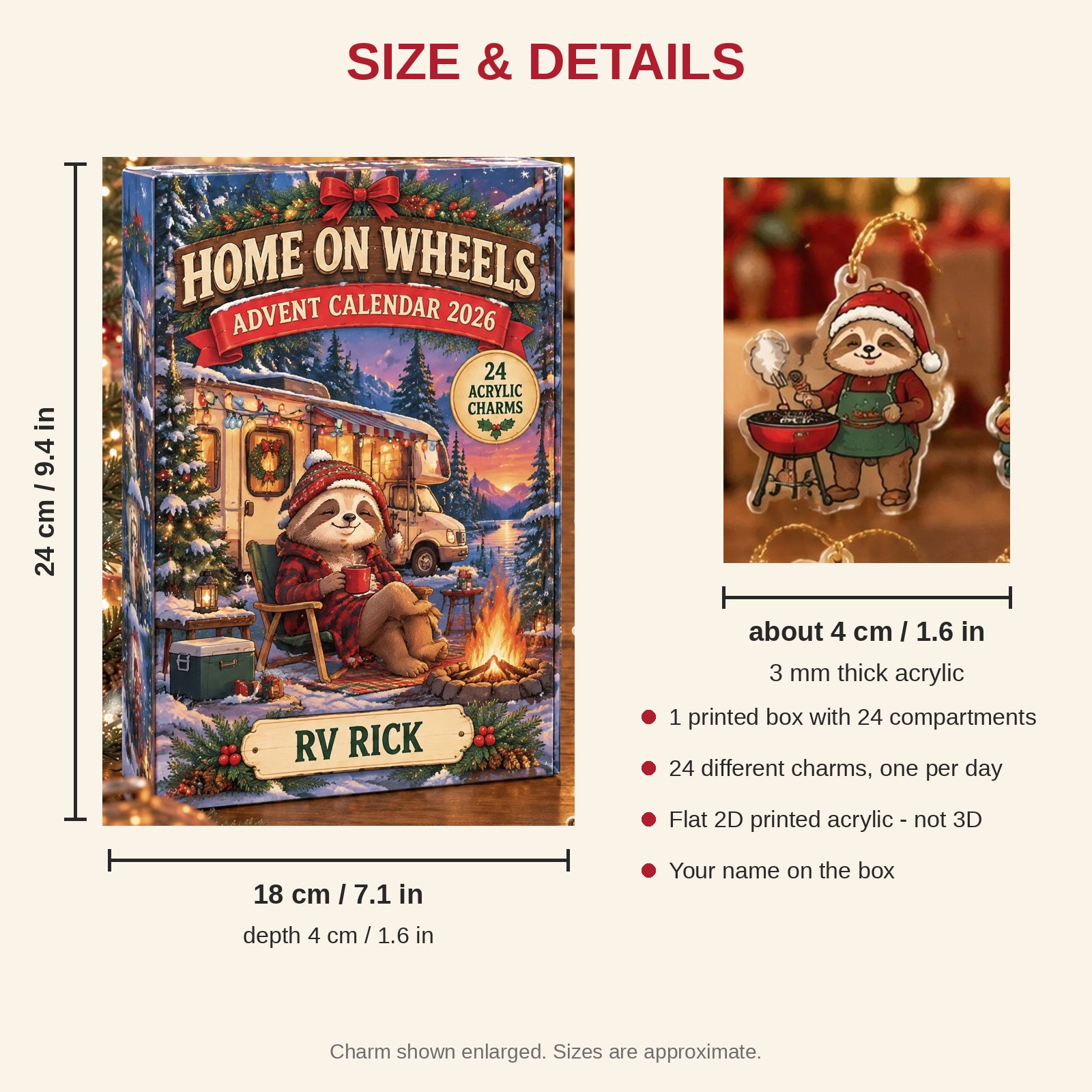 Personalized RV Life Sloth advent calendar box with 24 flat acrylic Christmas charms: box and charm sizes