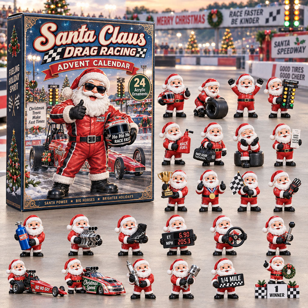 Santa Claus Drag Racing advent calendar box with 24 acrylic Christmas charms
