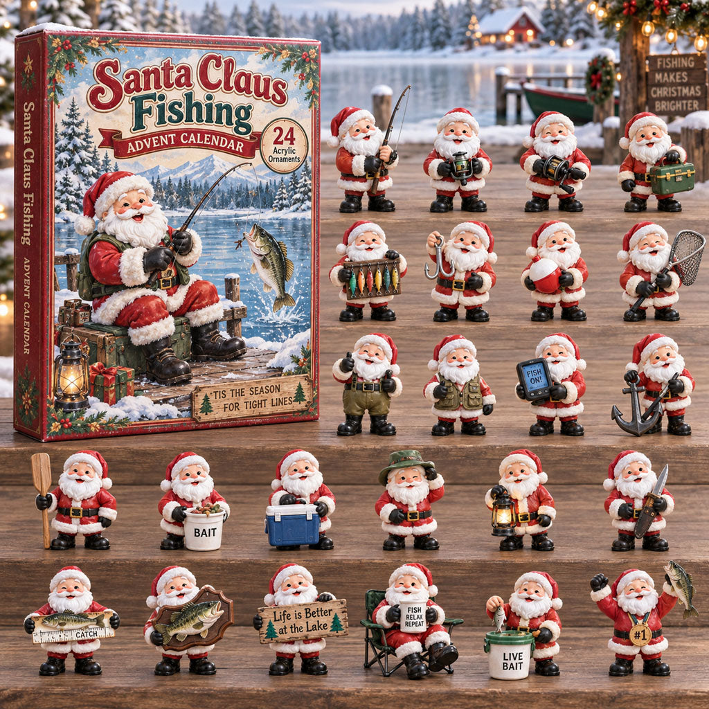 Santa Claus Fishing advent calendar box with 24 acrylic Christmas charms
