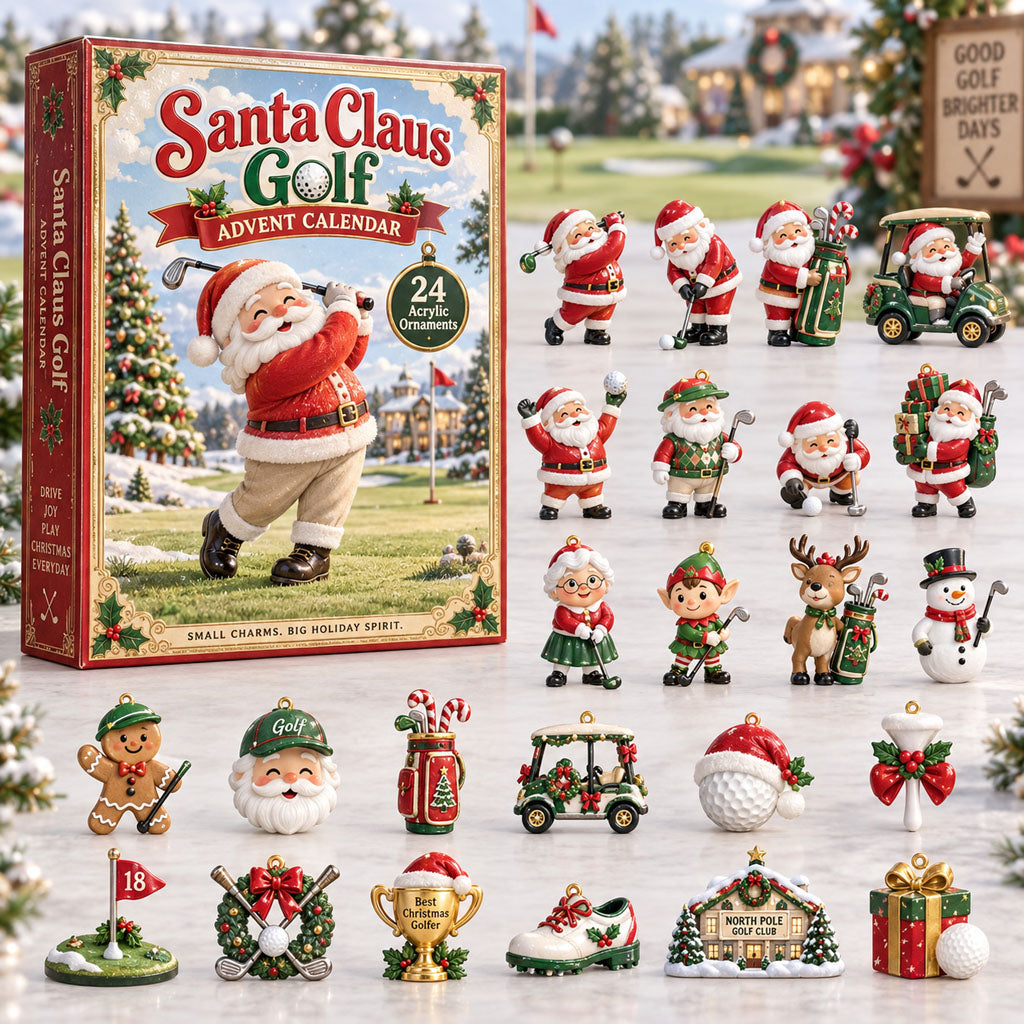 Santa Claus Golf advent calendar box with 24 acrylic Christmas charms