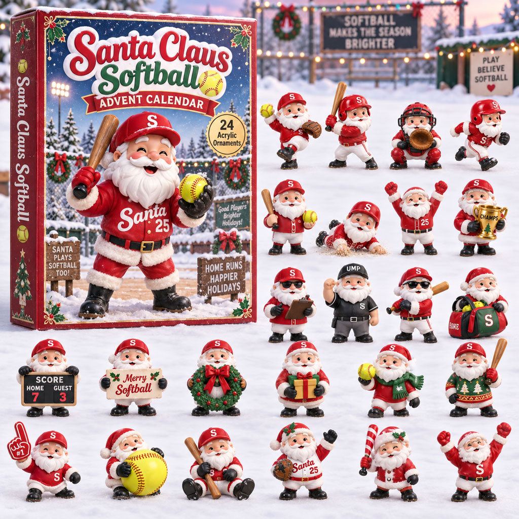 Santa Claus Softball advent calendar box with 24 acrylic Christmas charms