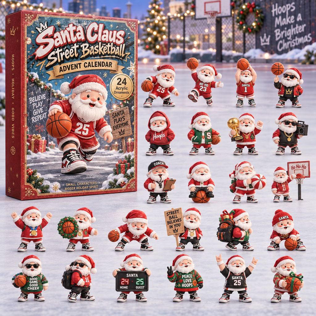 Santa Claus Street Basketball advent calendar box with 24 acrylic Christmas charms