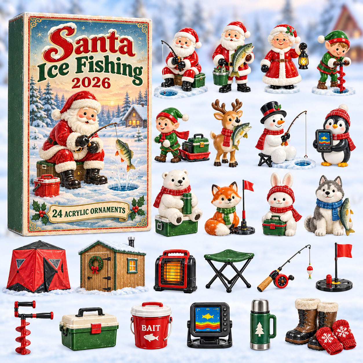 Santa Ice Fishing advent calendar box with 24 acrylic Christmas charms