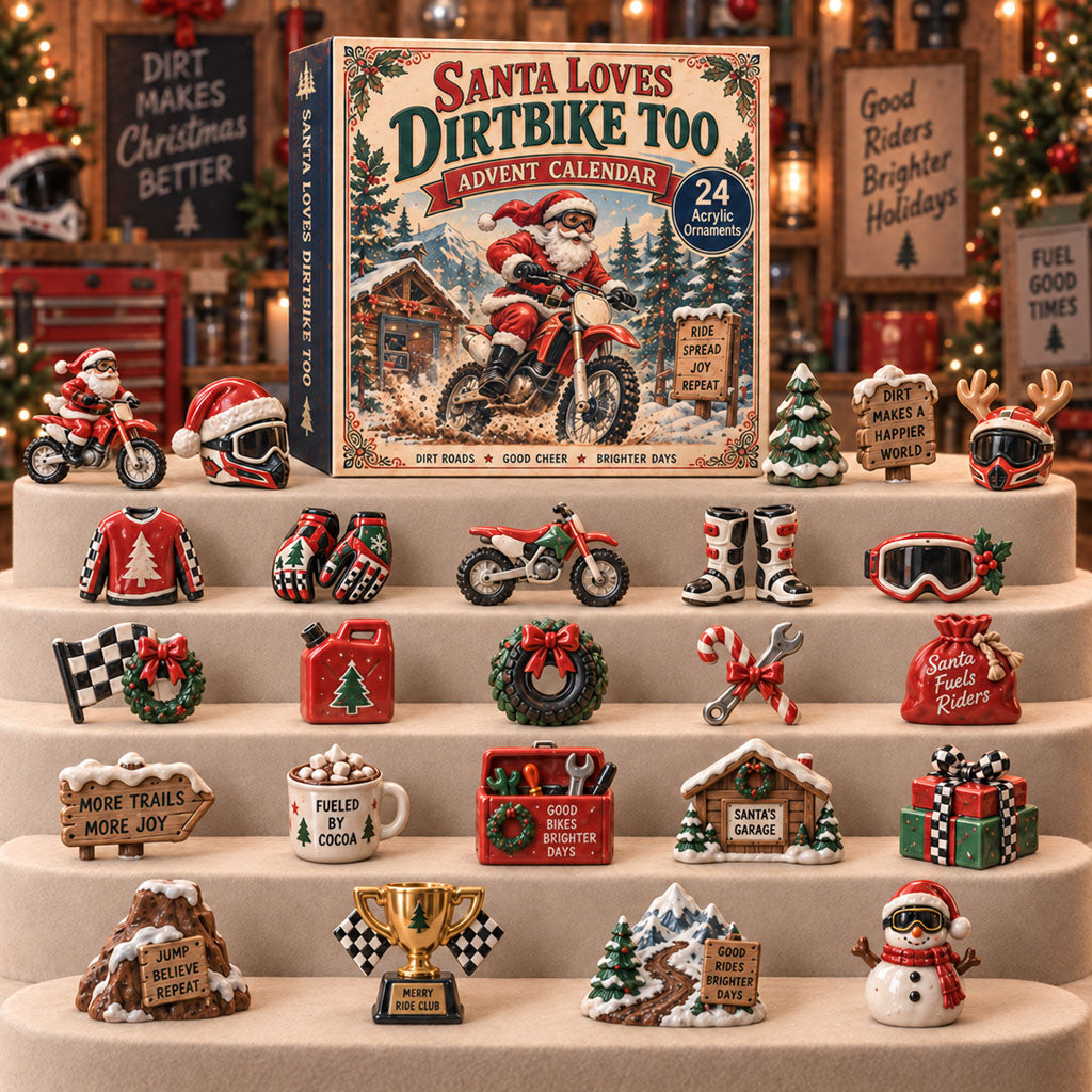 Santa Loves Dirt Bike advent calendar box with 24 acrylic Christmas charms