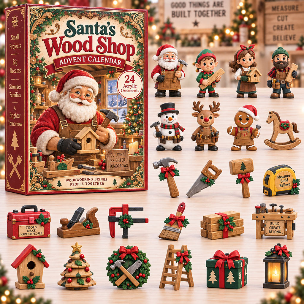 Santa Wood Shop advent calendar box with 24 acrylic Christmas charms