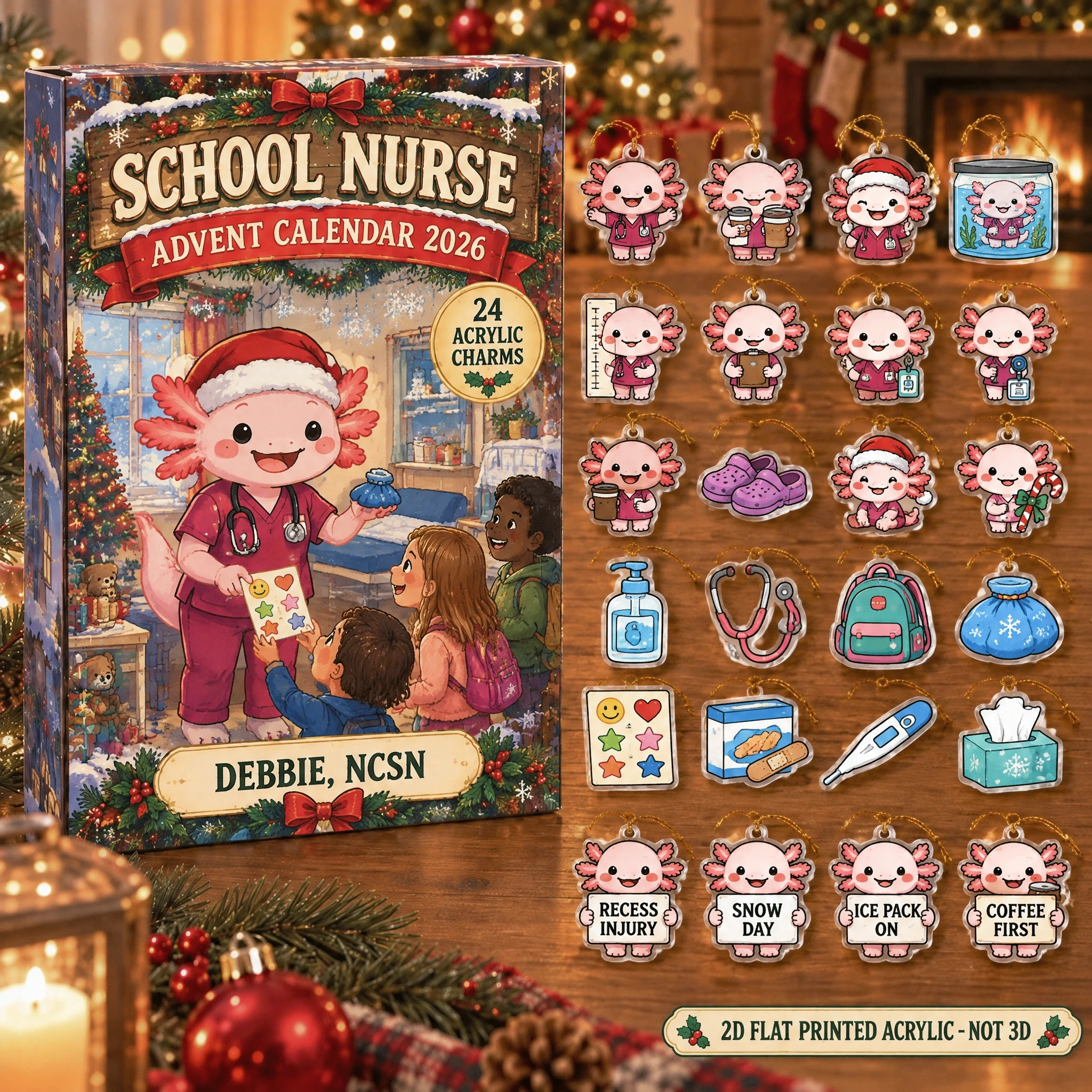 Personalized School Nurse Axolotl advent calendar box with 24 flat acrylic Christmas charms