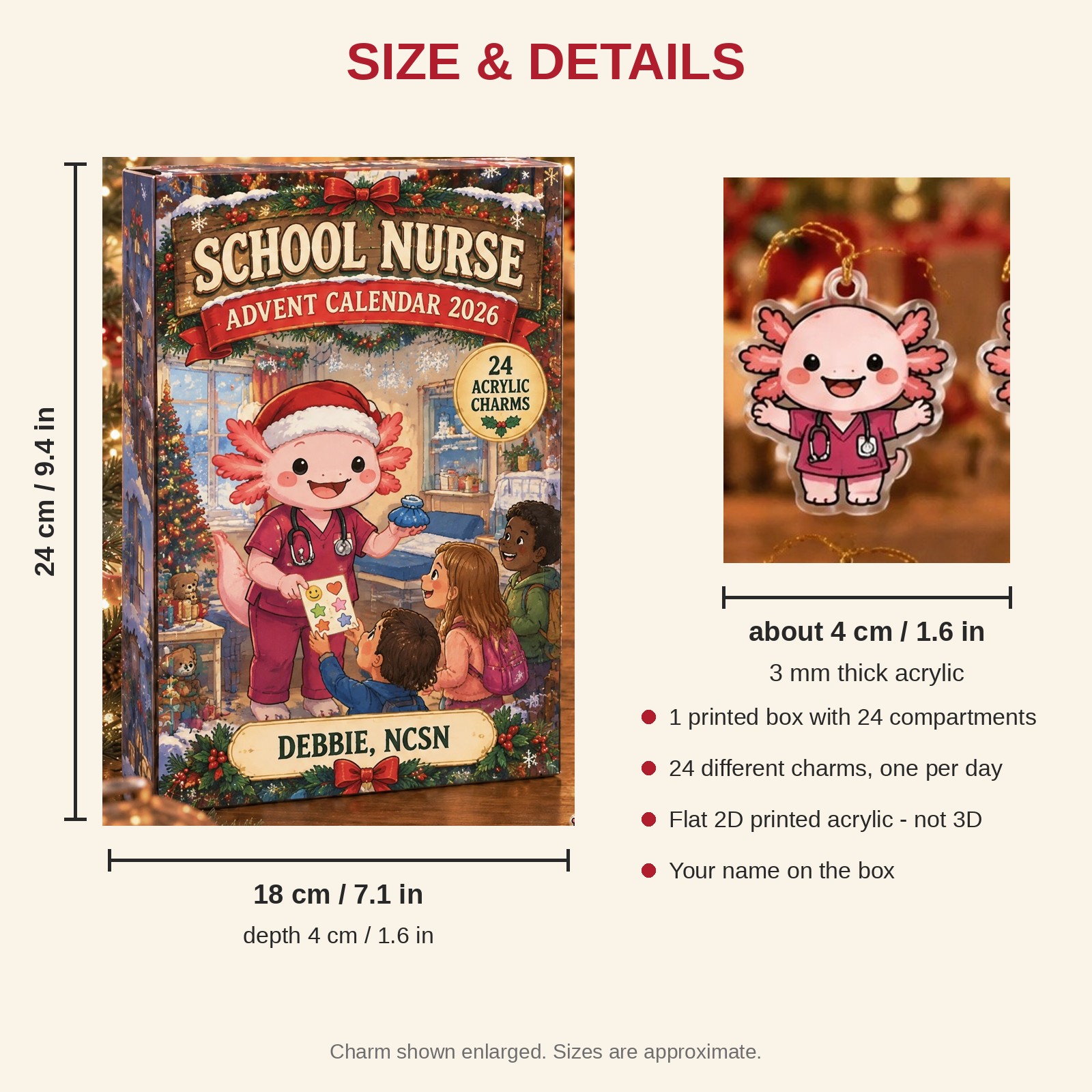 Personalized School Nurse Axolotl advent calendar box with 24 flat acrylic Christmas charms: box and charm sizes