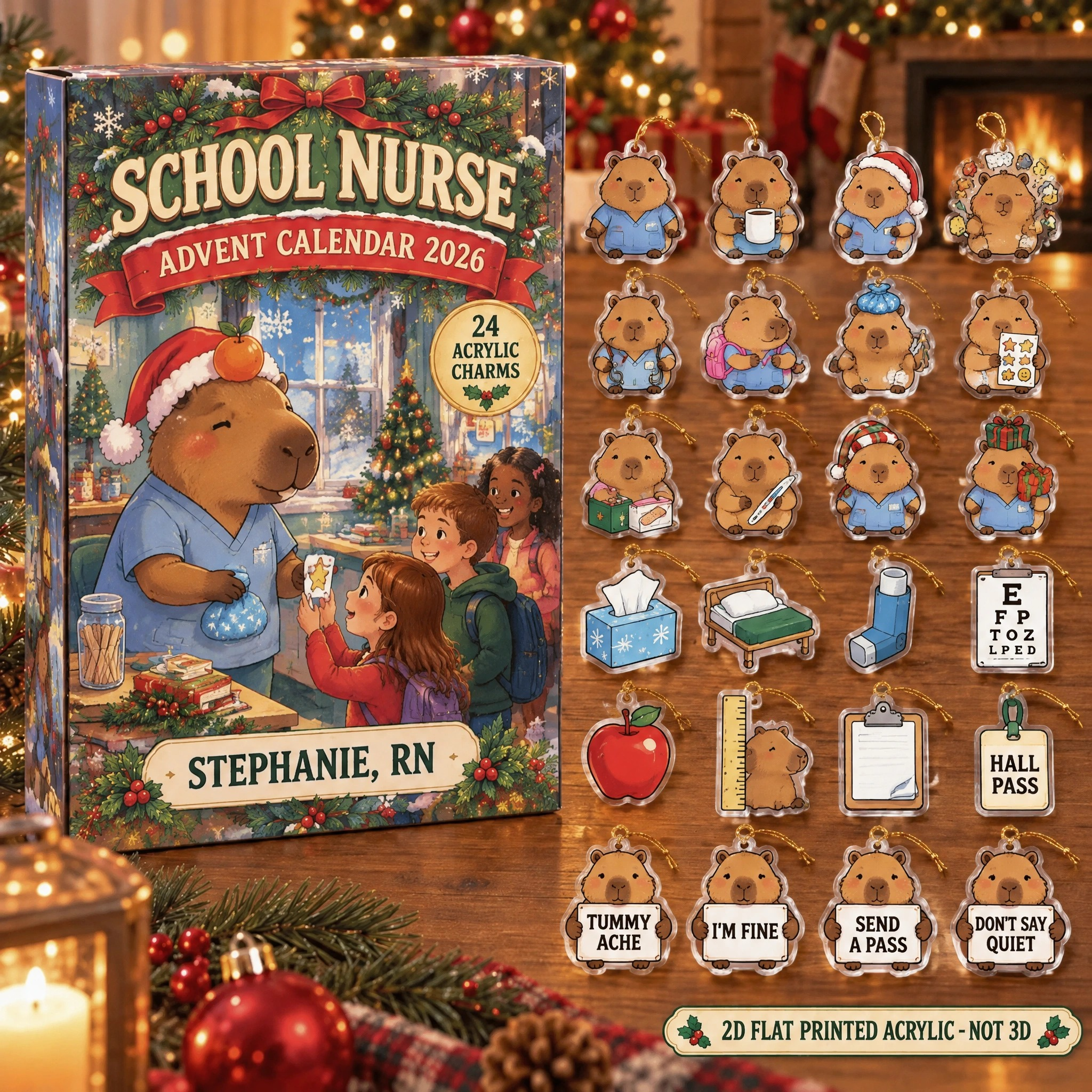 Personalized School Nurse Capybara advent calendar box with 24 flat acrylic Christmas charms