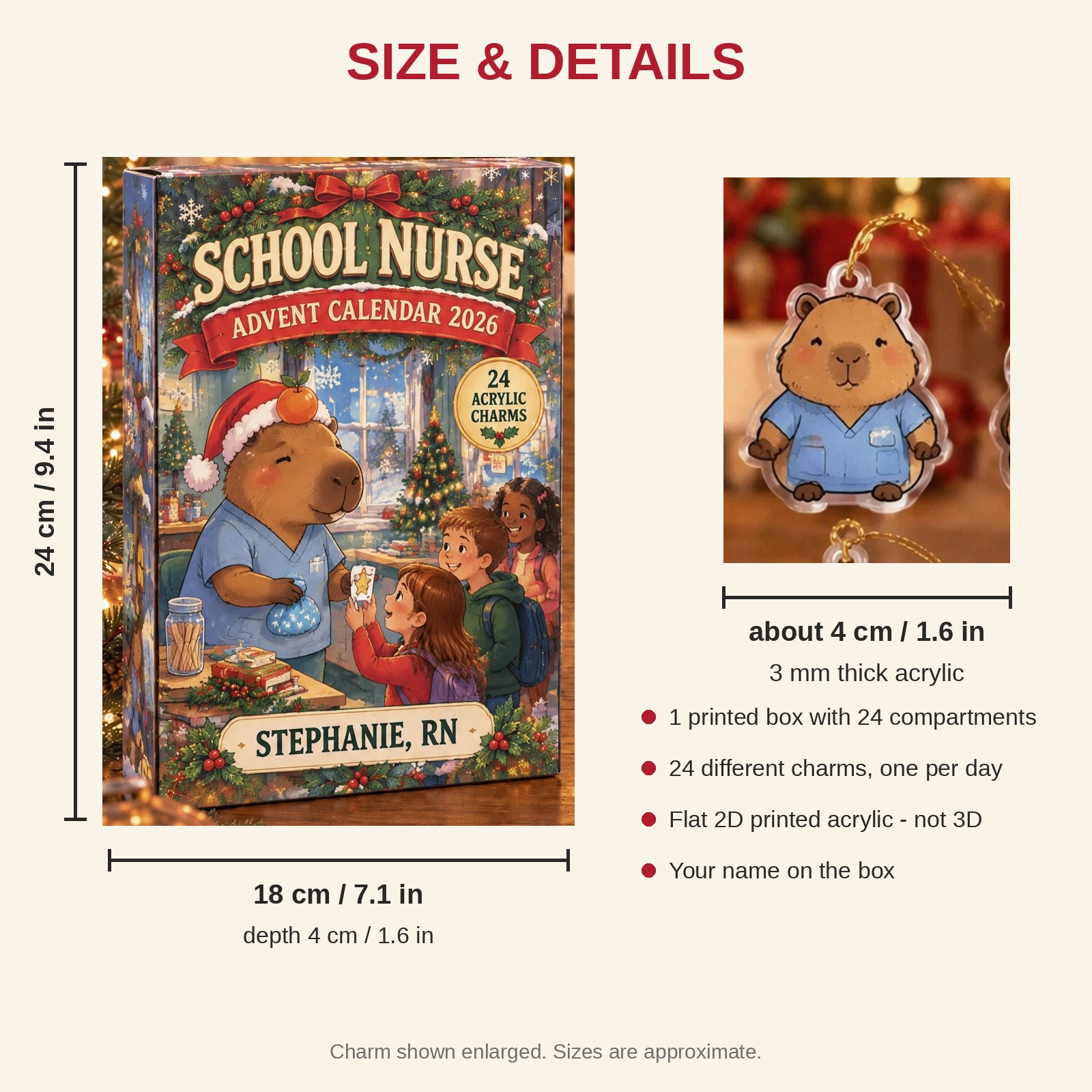 Personalized School Nurse Capybara advent calendar box with 24 flat acrylic Christmas charms: box and charm sizes