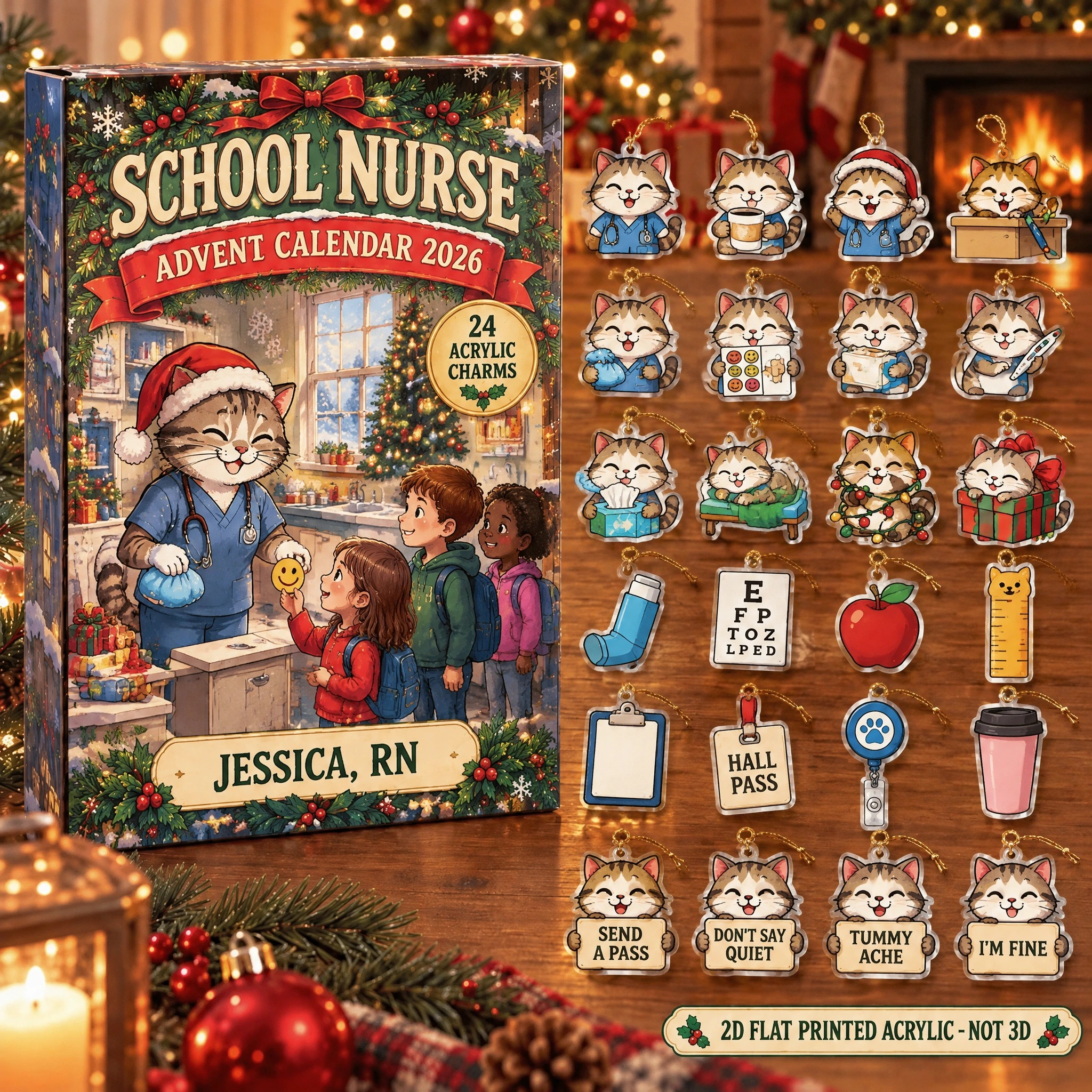 Personalized School Nurse Cat advent calendar box with 24 flat acrylic Christmas charms