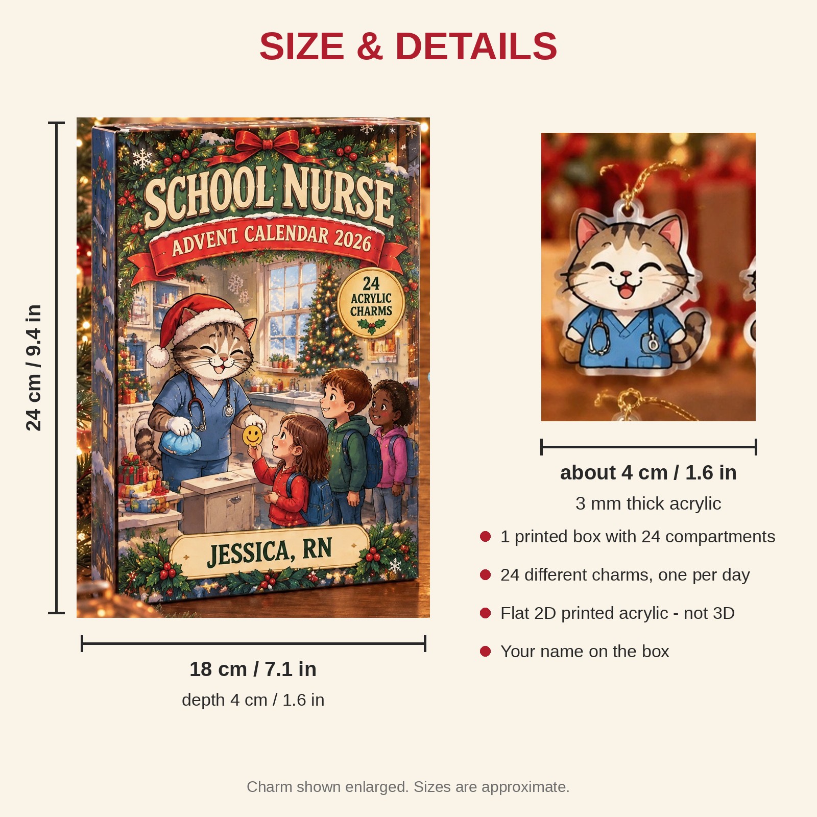 Personalized School Nurse Cat advent calendar box with 24 flat acrylic Christmas charms: box and charm sizes
