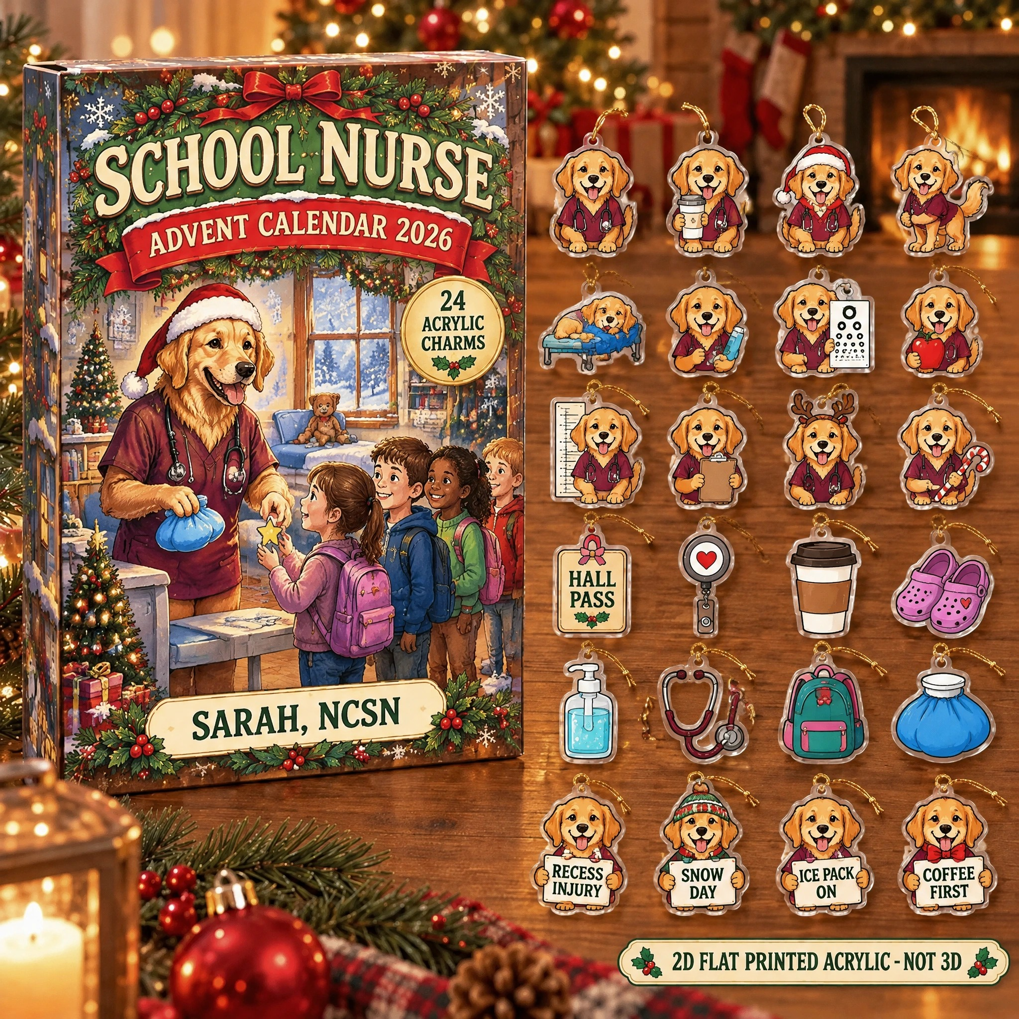 Personalized School Nurse Dog advent calendar box with 24 flat acrylic Christmas charms