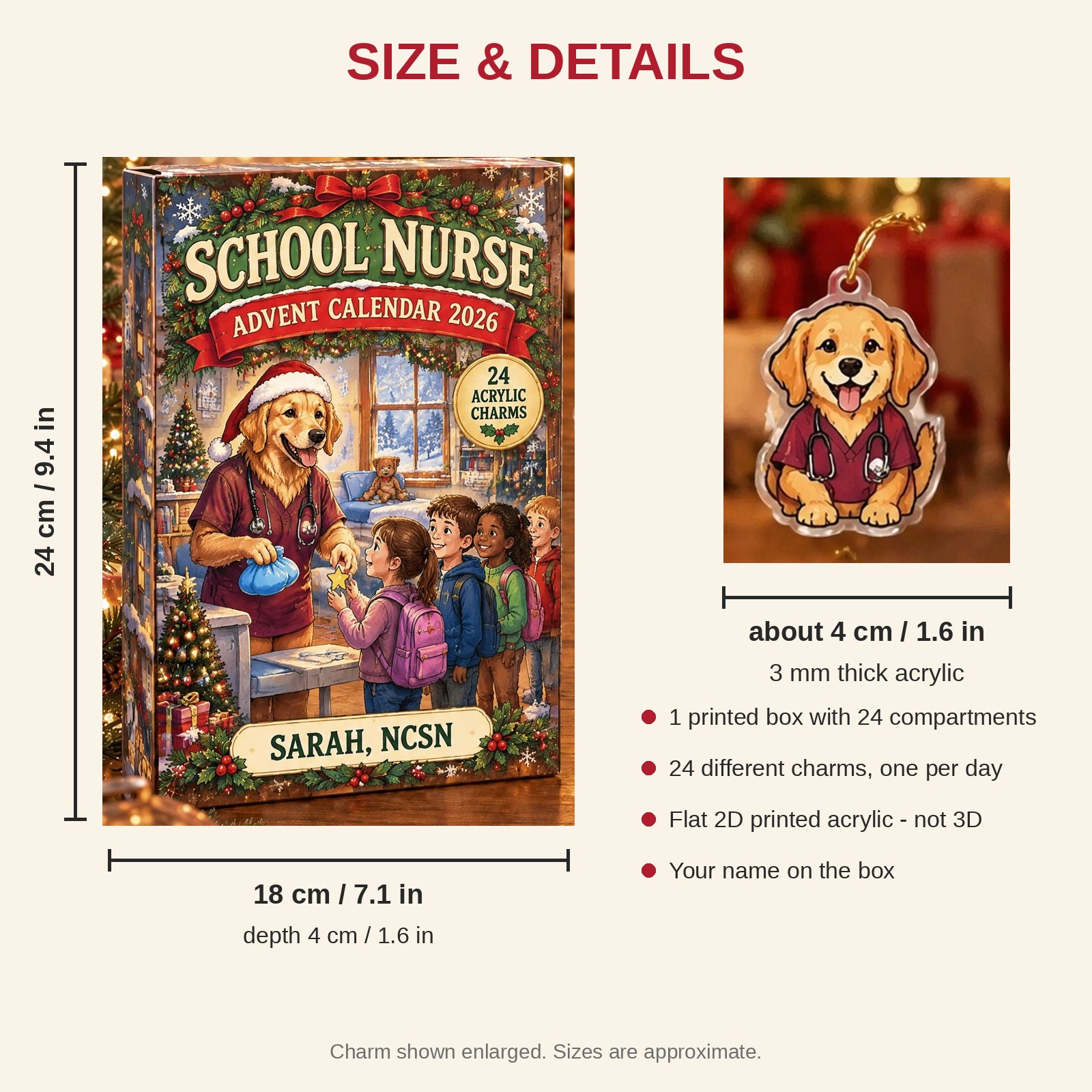 Personalized School Nurse Dog advent calendar box with 24 flat acrylic Christmas charms: box and charm sizes