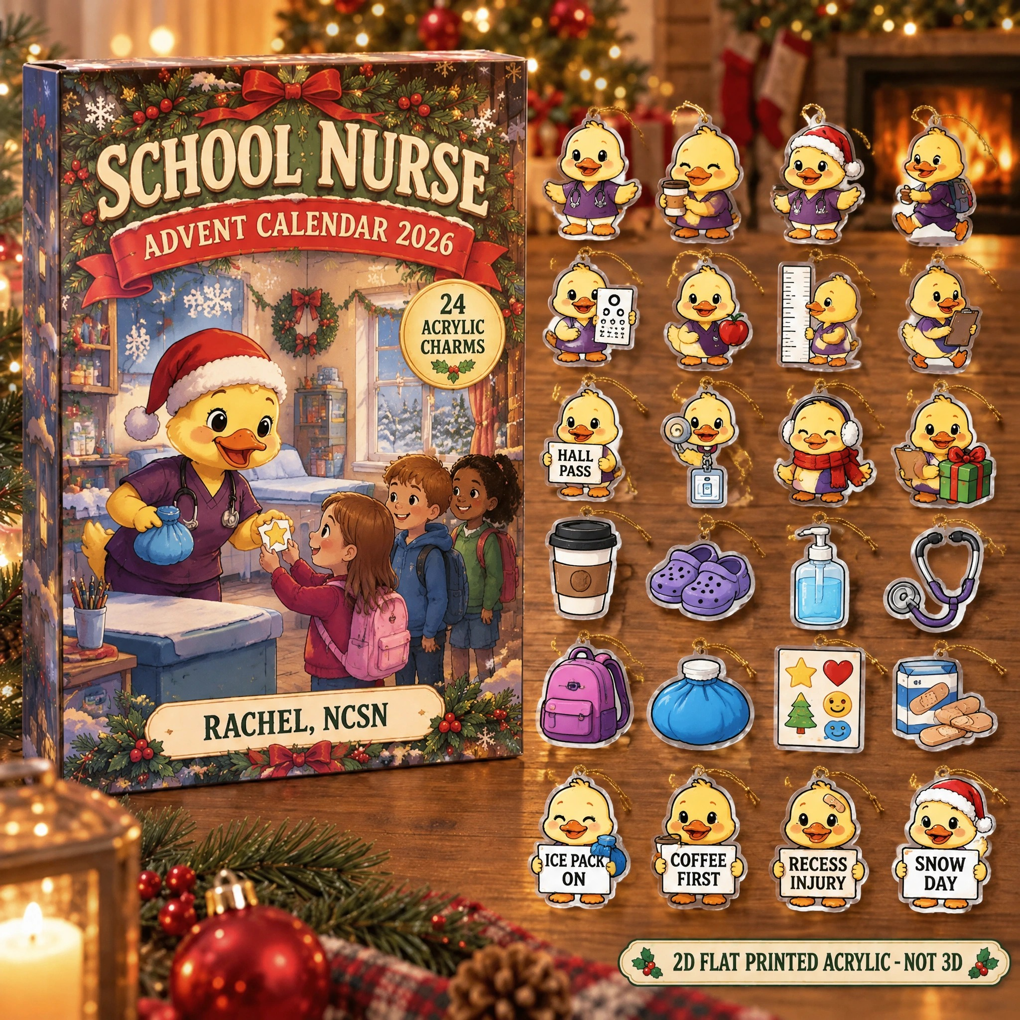Personalized School Nurse Duck advent calendar box with 24 flat acrylic Christmas charms