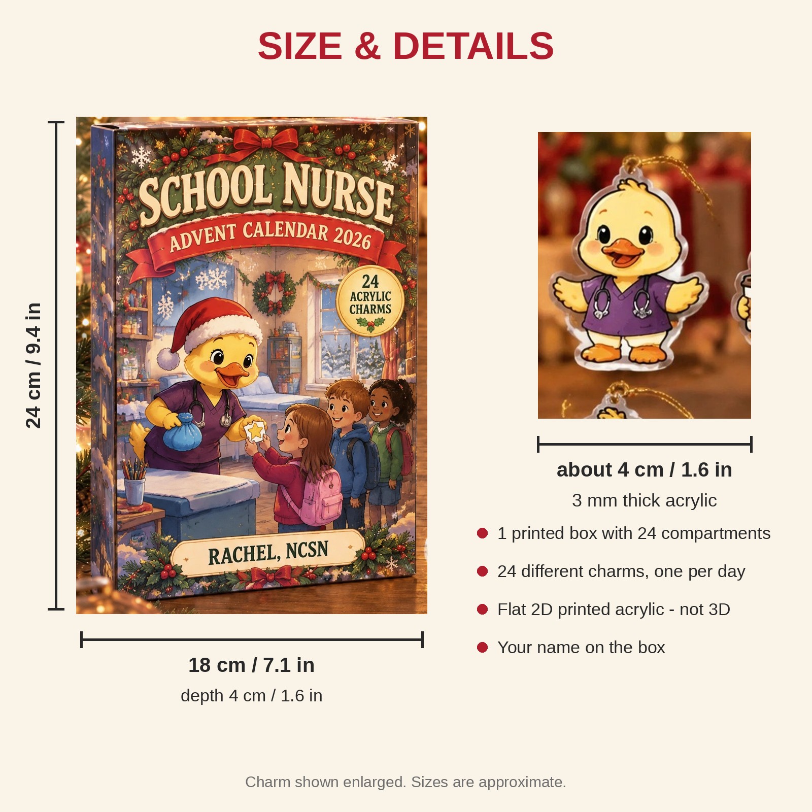 Personalized School Nurse Duck advent calendar box with 24 flat acrylic Christmas charms: box and charm sizes