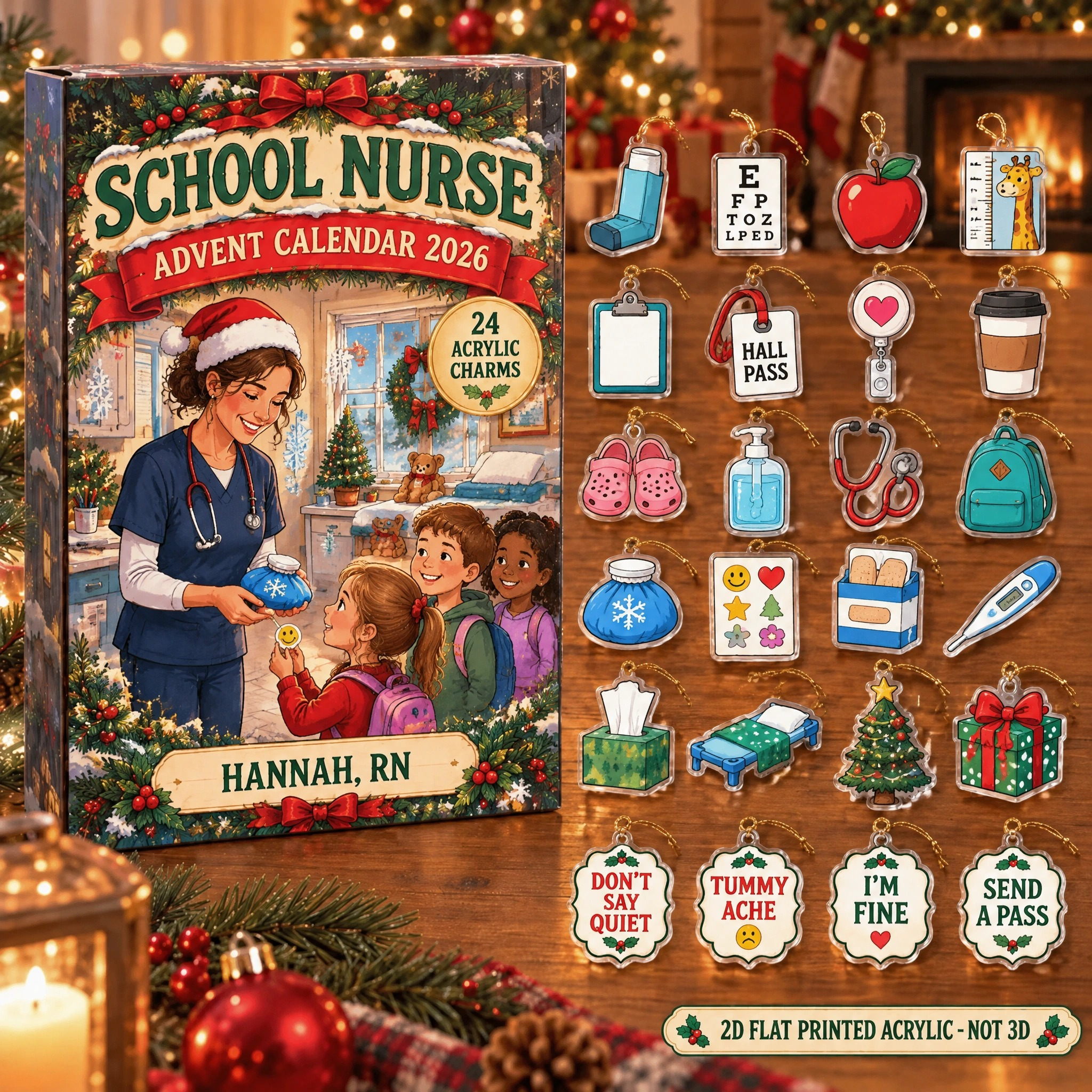 Personalized School Nurse Essentials advent calendar box with 24 flat acrylic Christmas charms