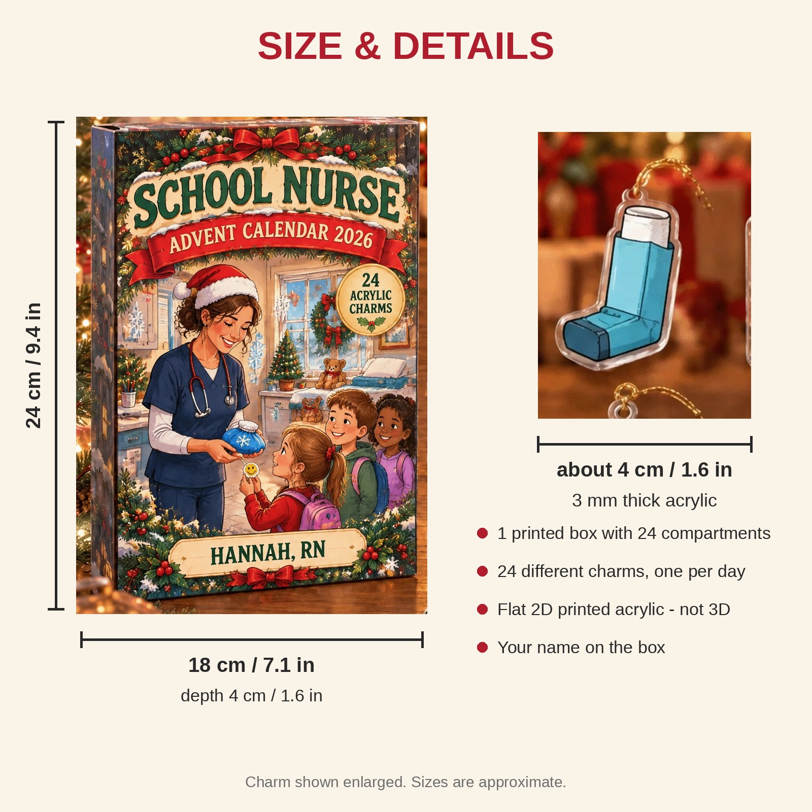 Personalized School Nurse Essentials advent calendar box with 24 flat acrylic Christmas charms: box and charm sizes