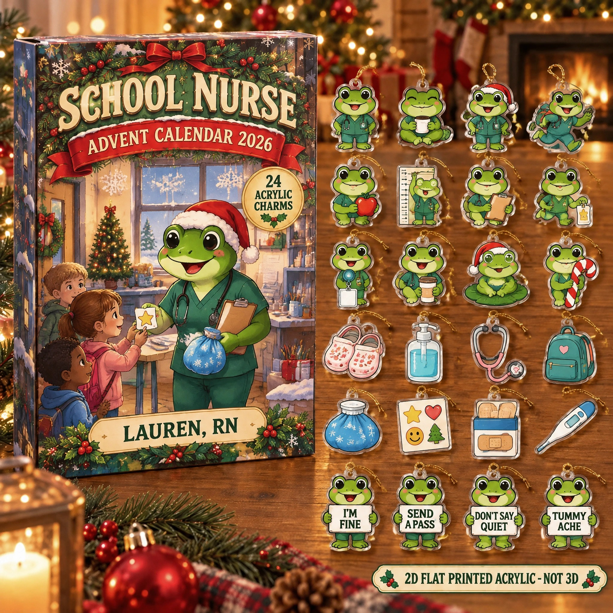 Personalized School Nurse Frog advent calendar box with 24 flat acrylic Christmas charms
