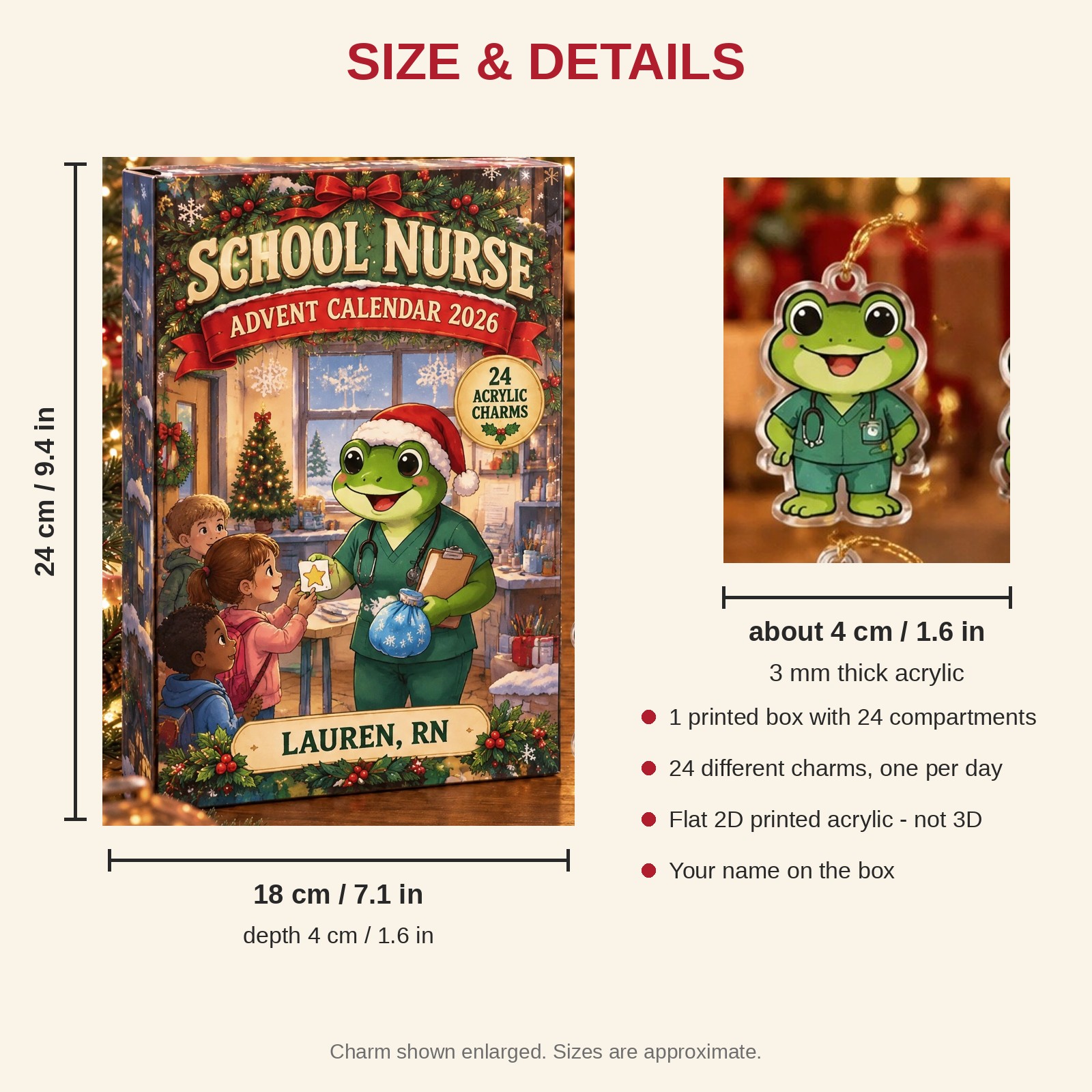 Personalized School Nurse Frog advent calendar box with 24 flat acrylic Christmas charms: box and charm sizes