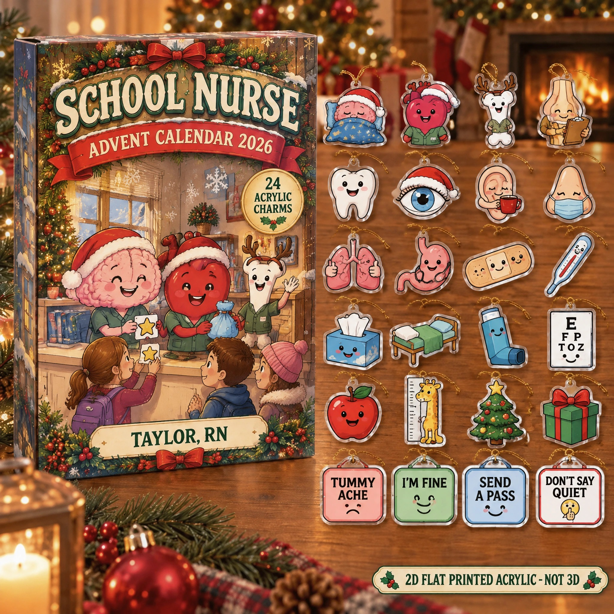 Personalized School Nurse Funny Anatomy advent calendar box with 24 flat acrylic Christmas charms