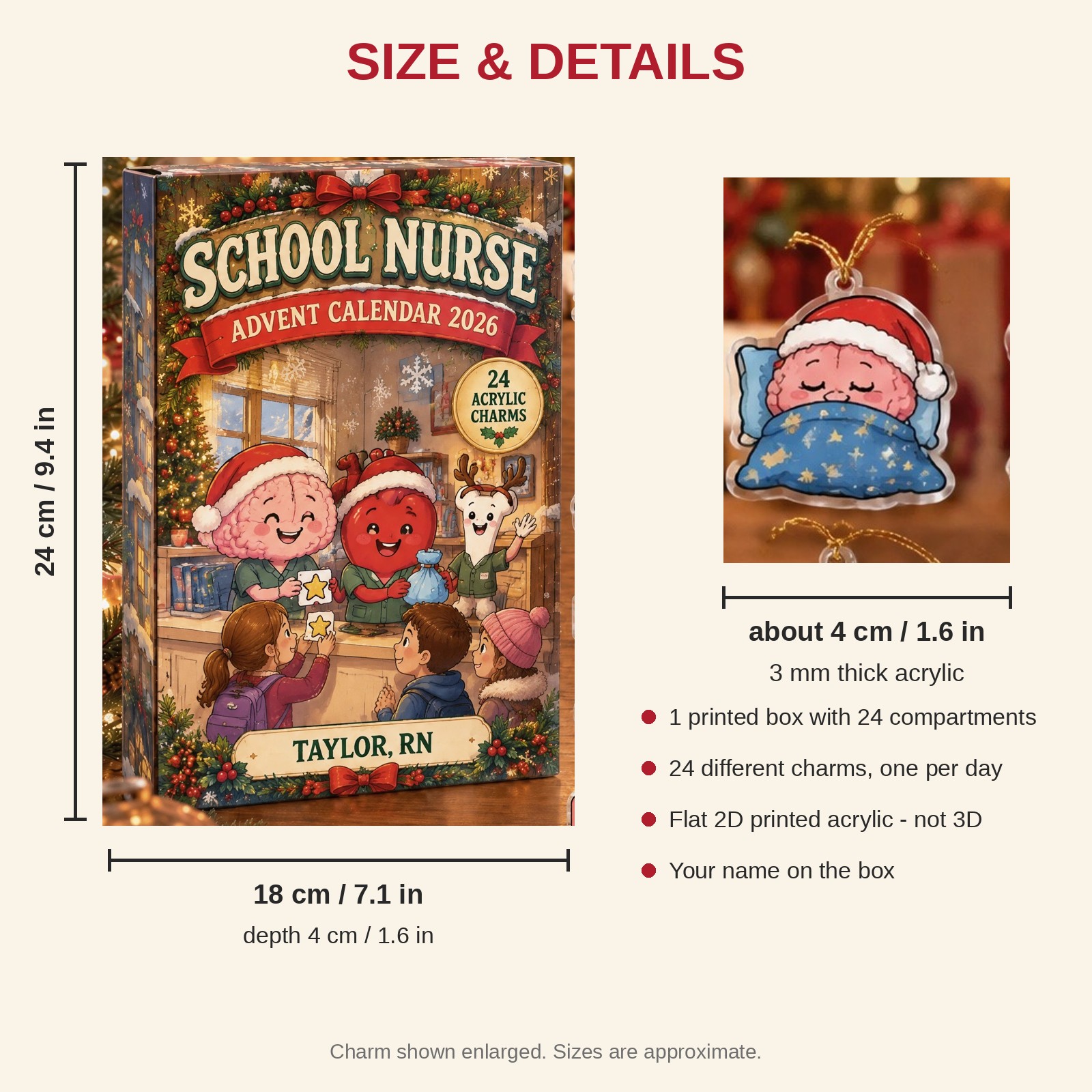 Personalized School Nurse Funny Anatomy advent calendar box with 24 flat acrylic Christmas charms: box and charm sizes