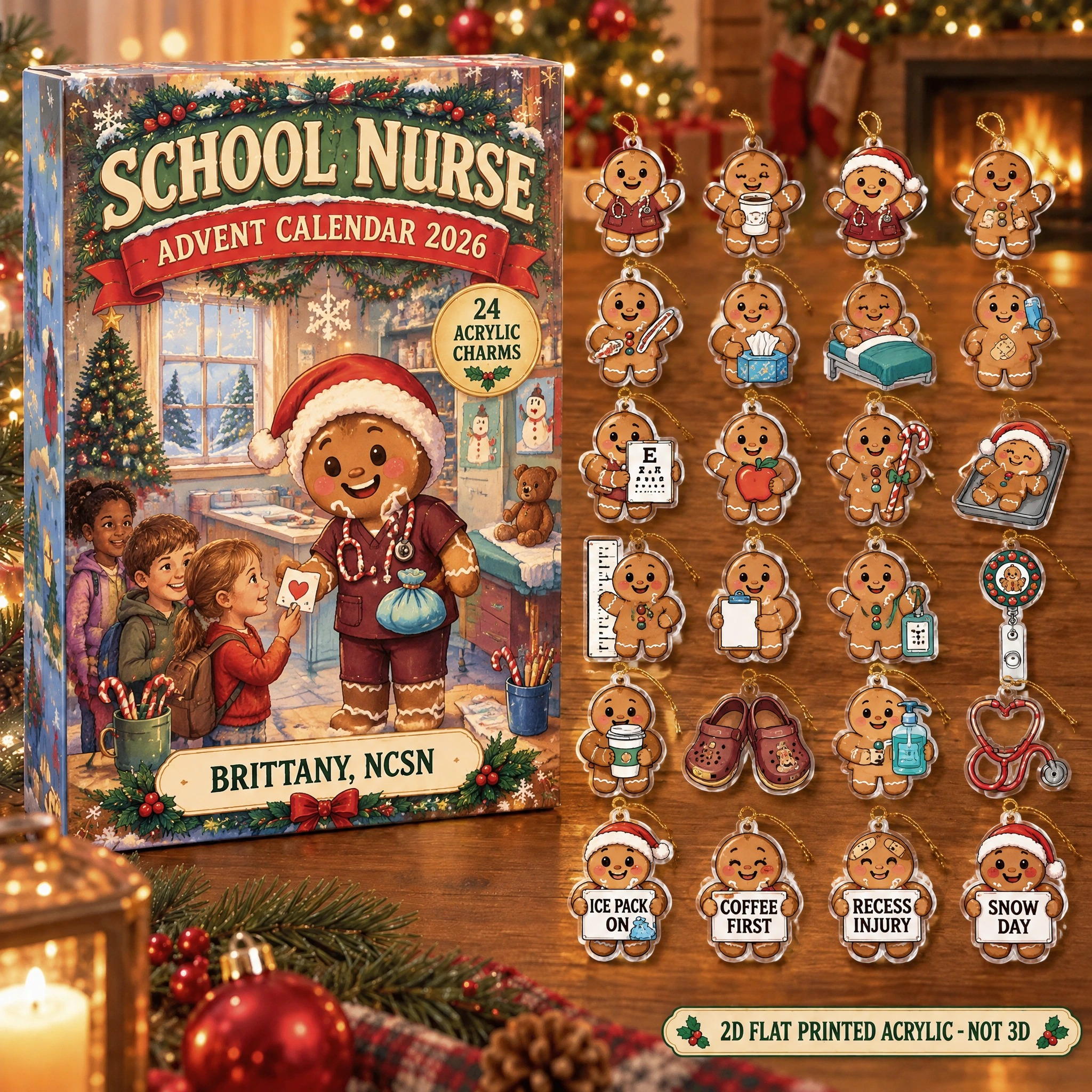 Personalized School Nurse Gingerbread advent calendar box with 24 flat acrylic Christmas charms